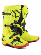Botas Alpinestars Tech 10, botas de motocross, amarillo flúor con acentos en negro y rojo flúor, sistema de triple hebilla, carcasa de TPU con logotipo de estrella de Alpinestars, suelas rojas, equipo profesional de competición off-road
