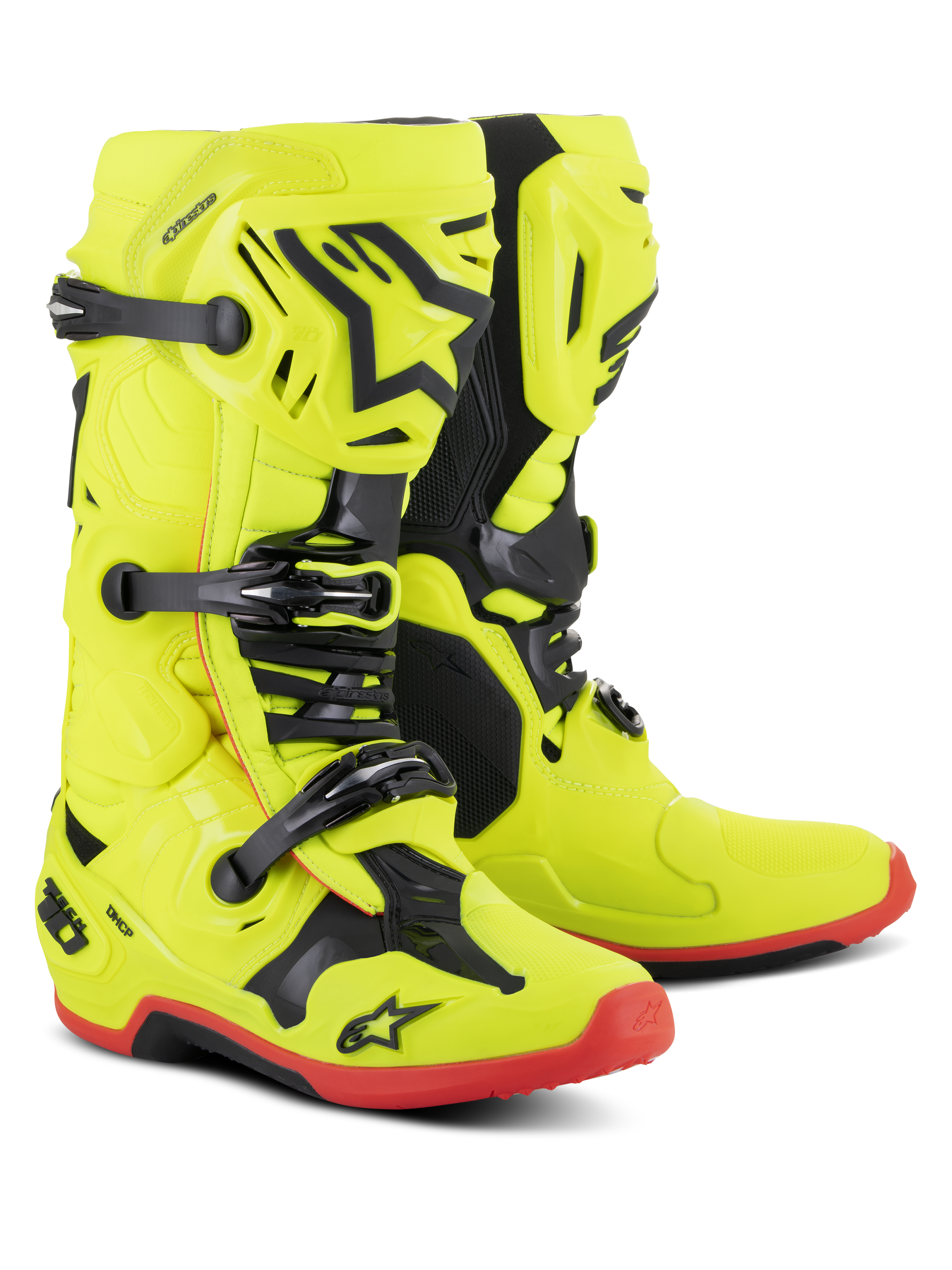 Botas Alpinestars Tech 10, botas de motocross, amarillo flúor con acentos en negro y rojo flúor, sistema de triple hebilla, carcasa de TPU con logotipo de estrella de Alpinestars, suelas rojas, equipo profesional de competición off-road