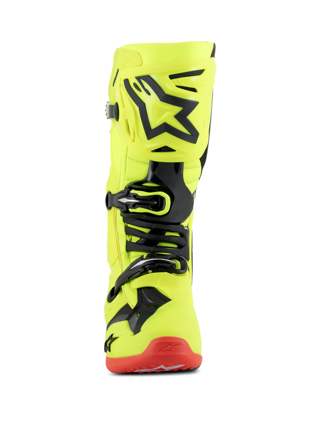 Botas Alpinestars Tech 10, botas de motocross, amarillo fluorescente, negro y rojo fluorescente, vista frontal, chasis amarillo fluorescente brillante con detalles de TPU negro y sistema de hebillas, suela roja, calzado avanzado para carreras todoterreno