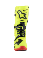 Botas Alpinestars Tech 10, botas de motocross, amarillo fluorescente, negro y rojo fluorescente, vista frontal, chasis amarillo fluorescente brillante con detalles de TPU negro y sistema de hebillas, suela roja, calzado avanzado para carreras todoterreno