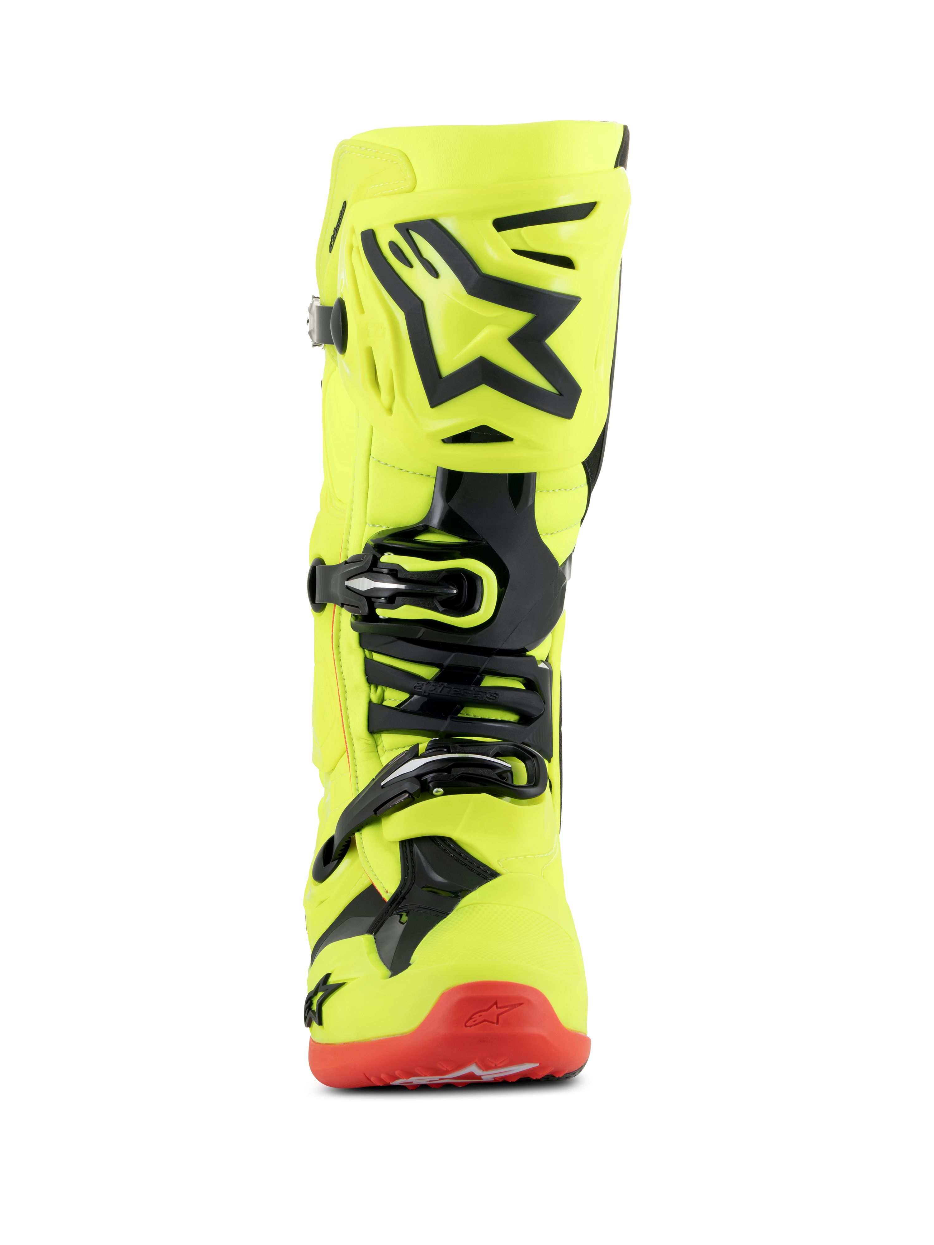 Botas Alpinestars Tech 10, botas de motocross, amarillo fluorescente, negro y rojo fluorescente, vista frontal, chasis amarillo fluorescente brillante con detalles de TPU negro y sistema de hebillas, suela roja, calzado avanzado para carreras todoterreno