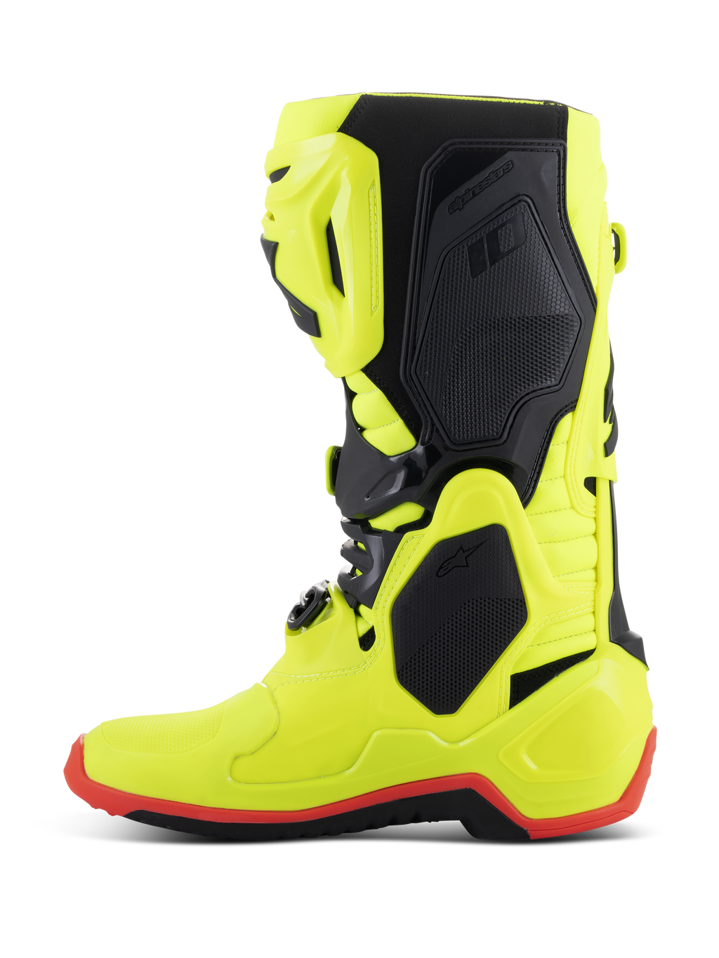 Botas Alpinestars Tech 10, botas de motocross, amarillo flúor, negro y rojo flúor, perfil lateral, construcción en amarillo neón brillante con paneles protectores negros y detalle de la suela en rojo flúor, equipo de alto rendimiento para carreras todoterreno