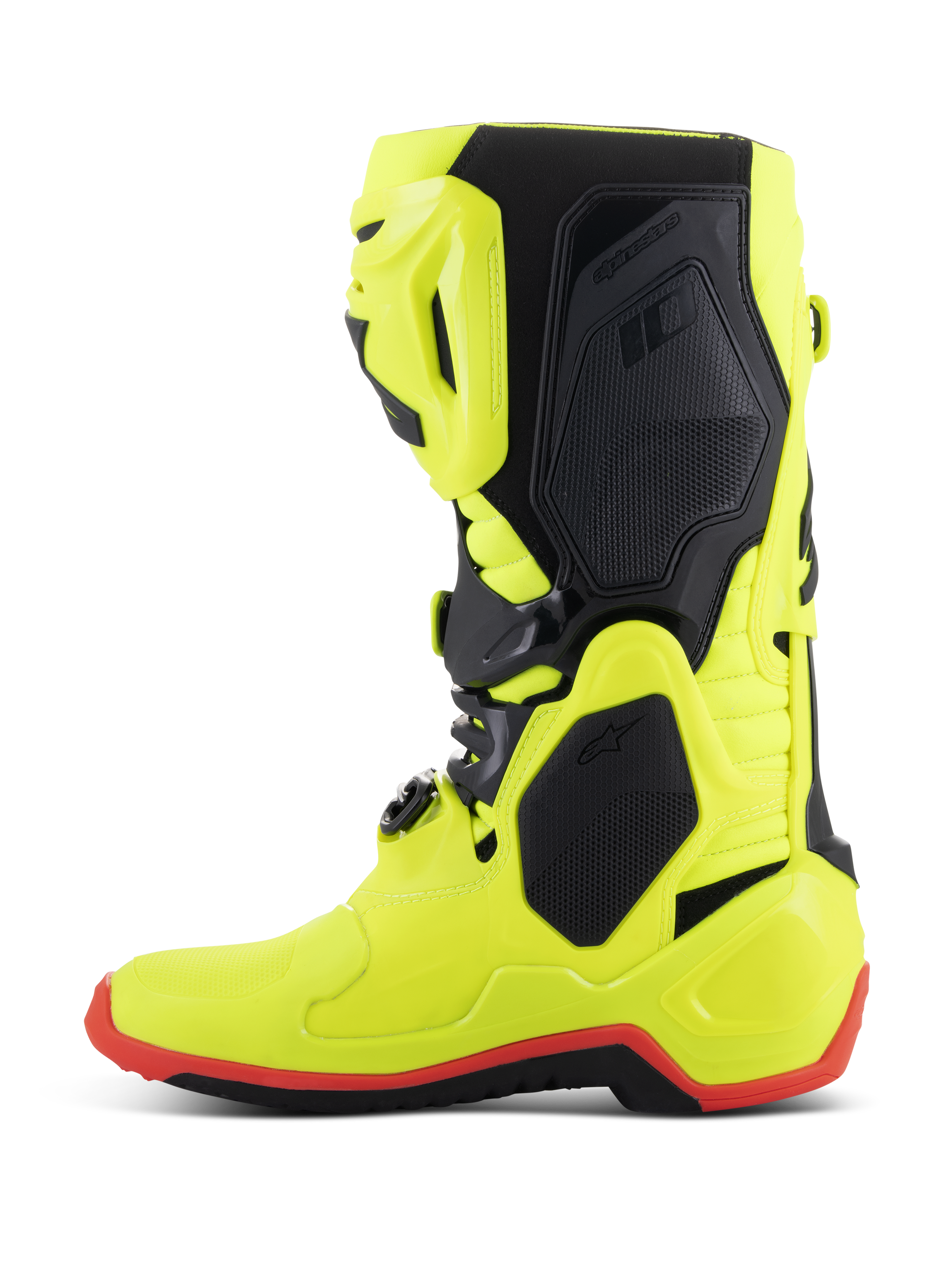 Botas Alpinestars Tech 10, botas de motocross, amarillo flúor, negro y rojo flúor, perfil lateral, construcción en amarillo neón brillante con paneles protectores negros y detalle de la suela en rojo flúor, equipo de alto rendimiento para carreras todoterreno