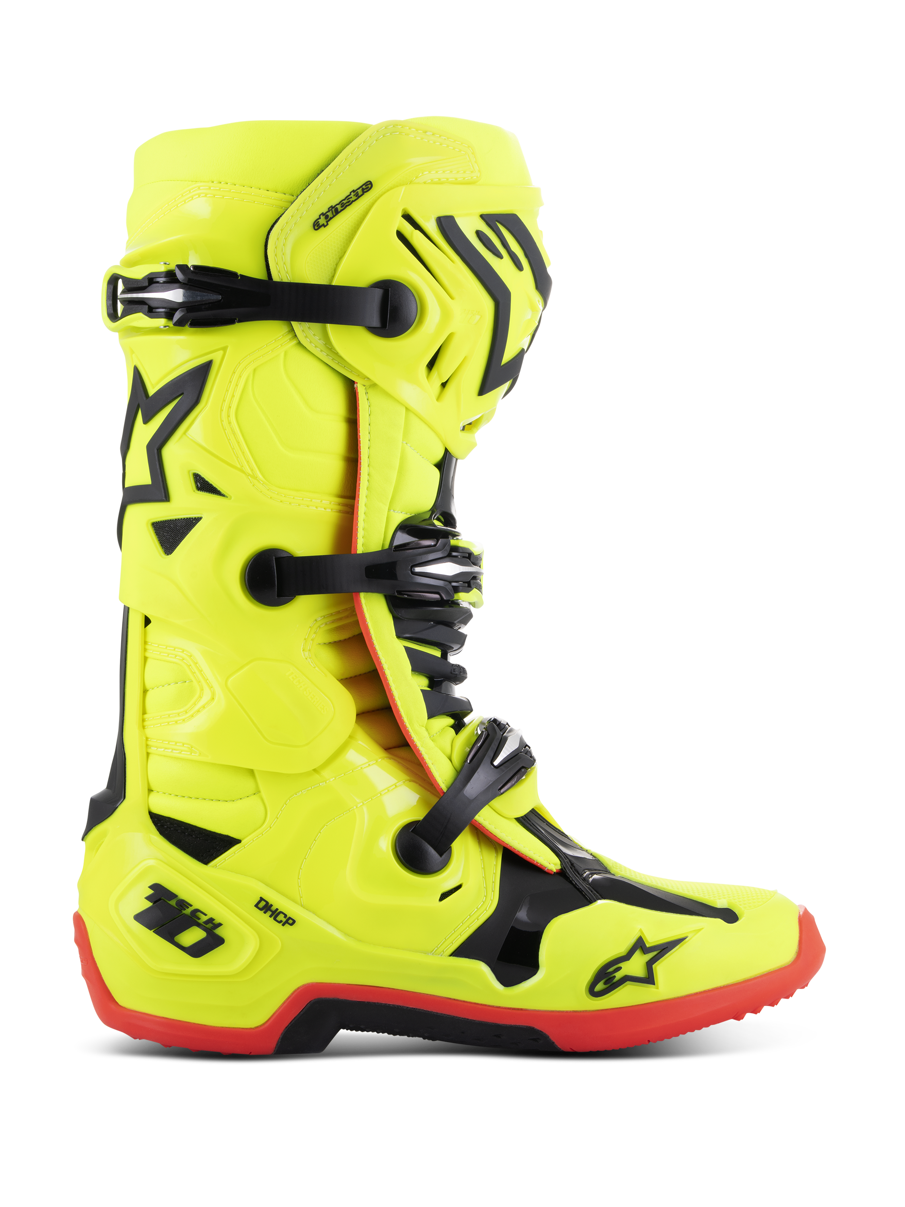 Botas Alpinestars Tech 10, botas de motocross, amarillo flúor con detalles en negro y rojo, vista de perfil lateral con cierre de triple hebilla, placa de espinilla reforzada, suela roja de alta tracción y protección de talón DHCP, equipamiento profesional de motociclismo off-road