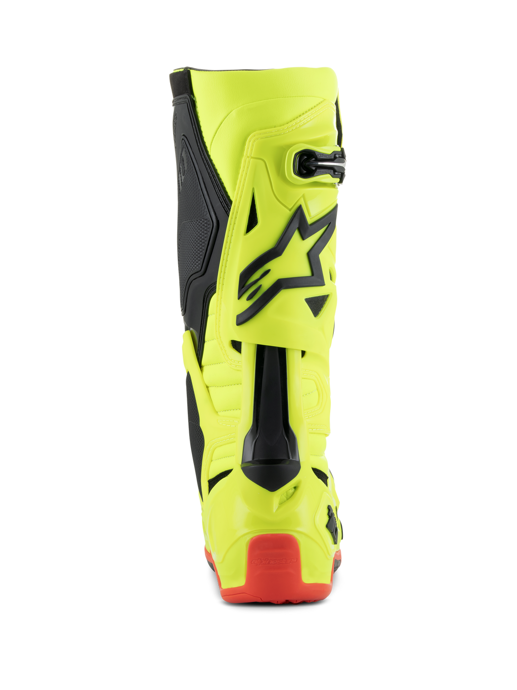 Botas Alpinestars Tech 10, botas de motocross, amarillo flúor, negro y rojo flúor, vista trasera que muestra el chasis amarillo fluorescente con detalles negros y protector de talón rojo, calzado profesional para carreras todoterreno