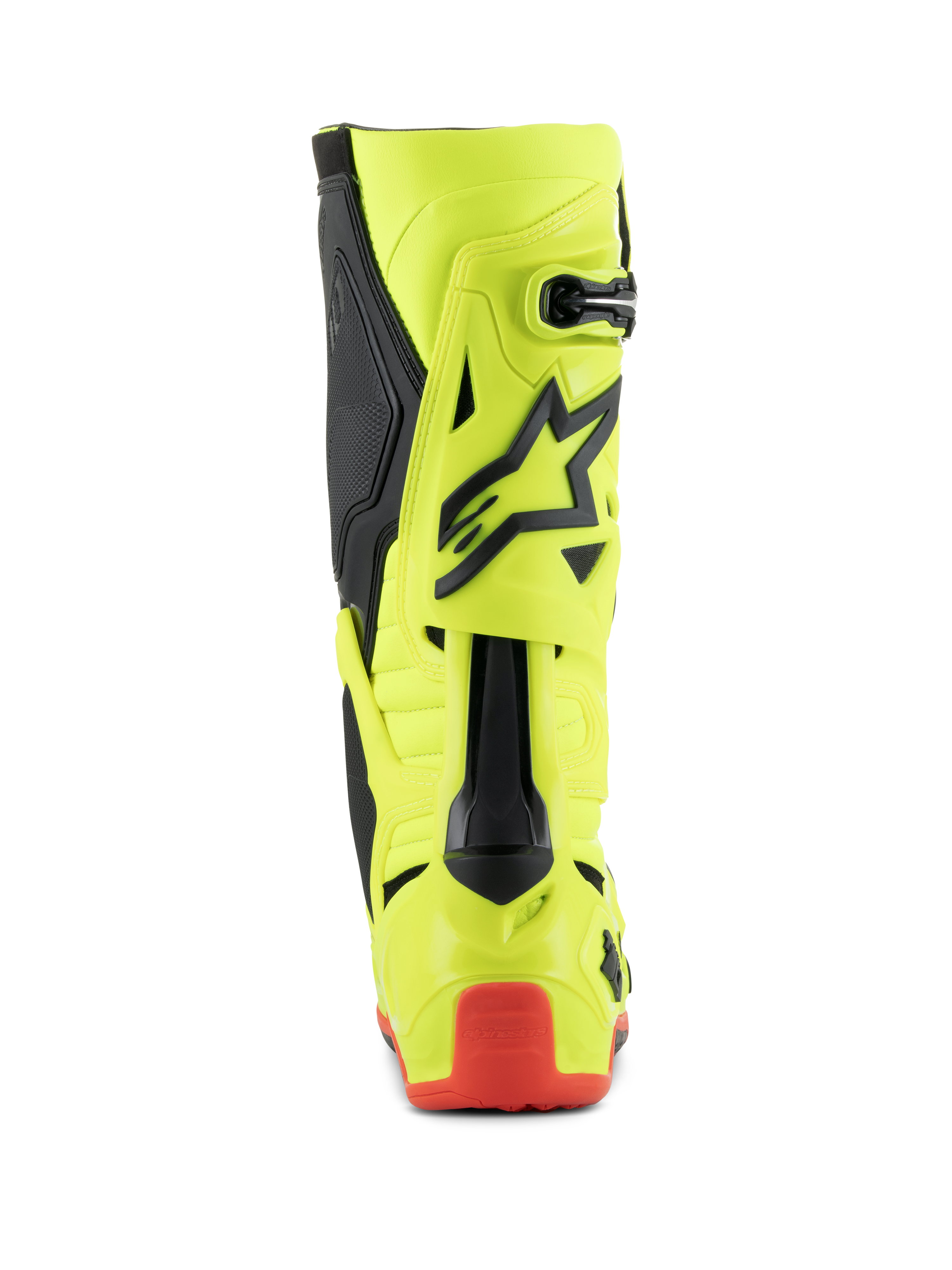 Botas Alpinestars Tech 10, botas de motocross, amarillo flúor, negro y rojo flúor, vista trasera que muestra el chasis amarillo fluorescente con detalles negros y protector de talón rojo, calzado profesional para carreras todoterreno