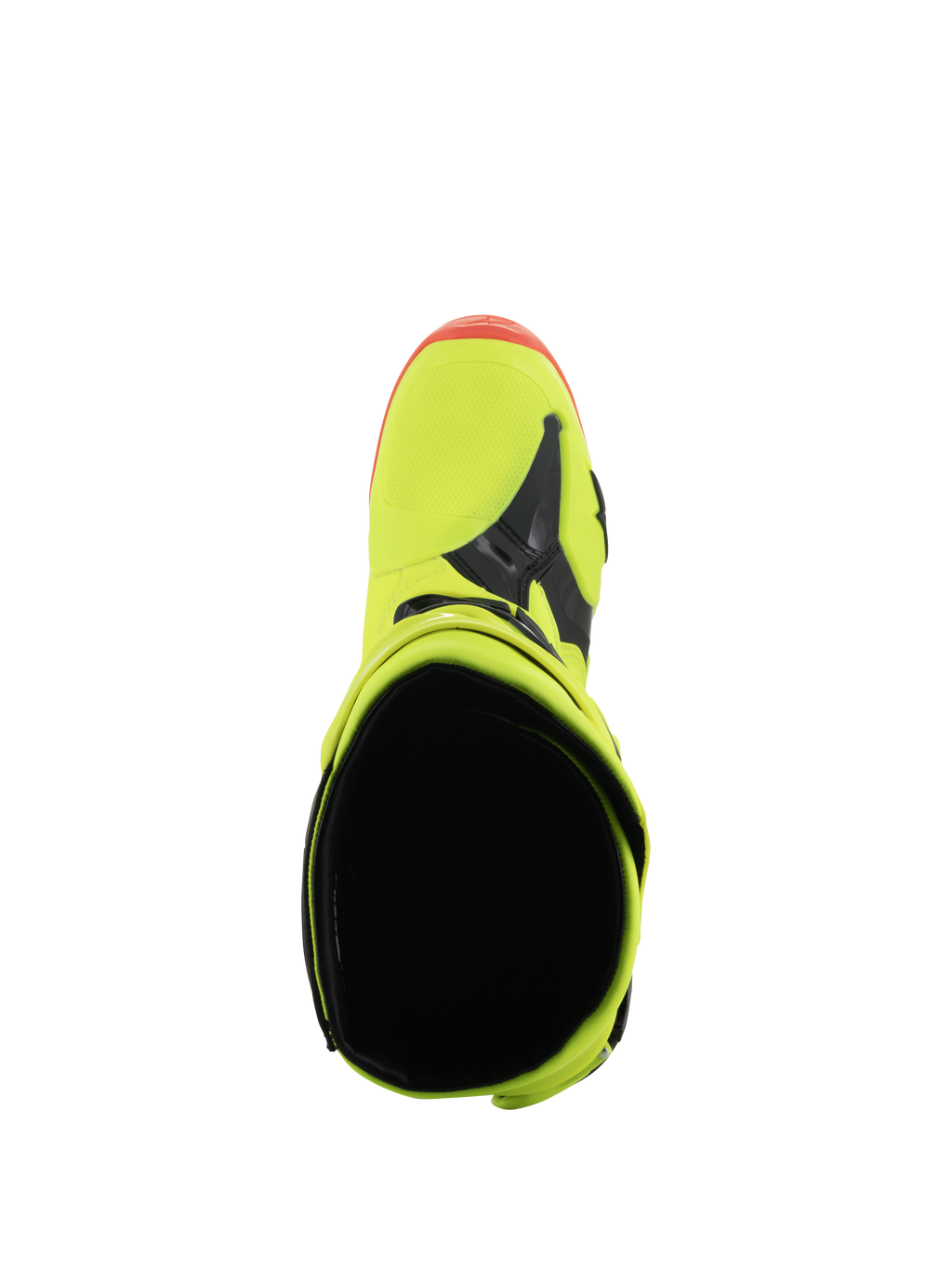 Botas Alpinestars Tech 10, botas de motocross, amarillo flúor, negro y rojo flúor, vista superior que muestra la abertura interior y la puntera, colores neón vibrantes con detalles en negro, calzado profesional de competición todoterreno