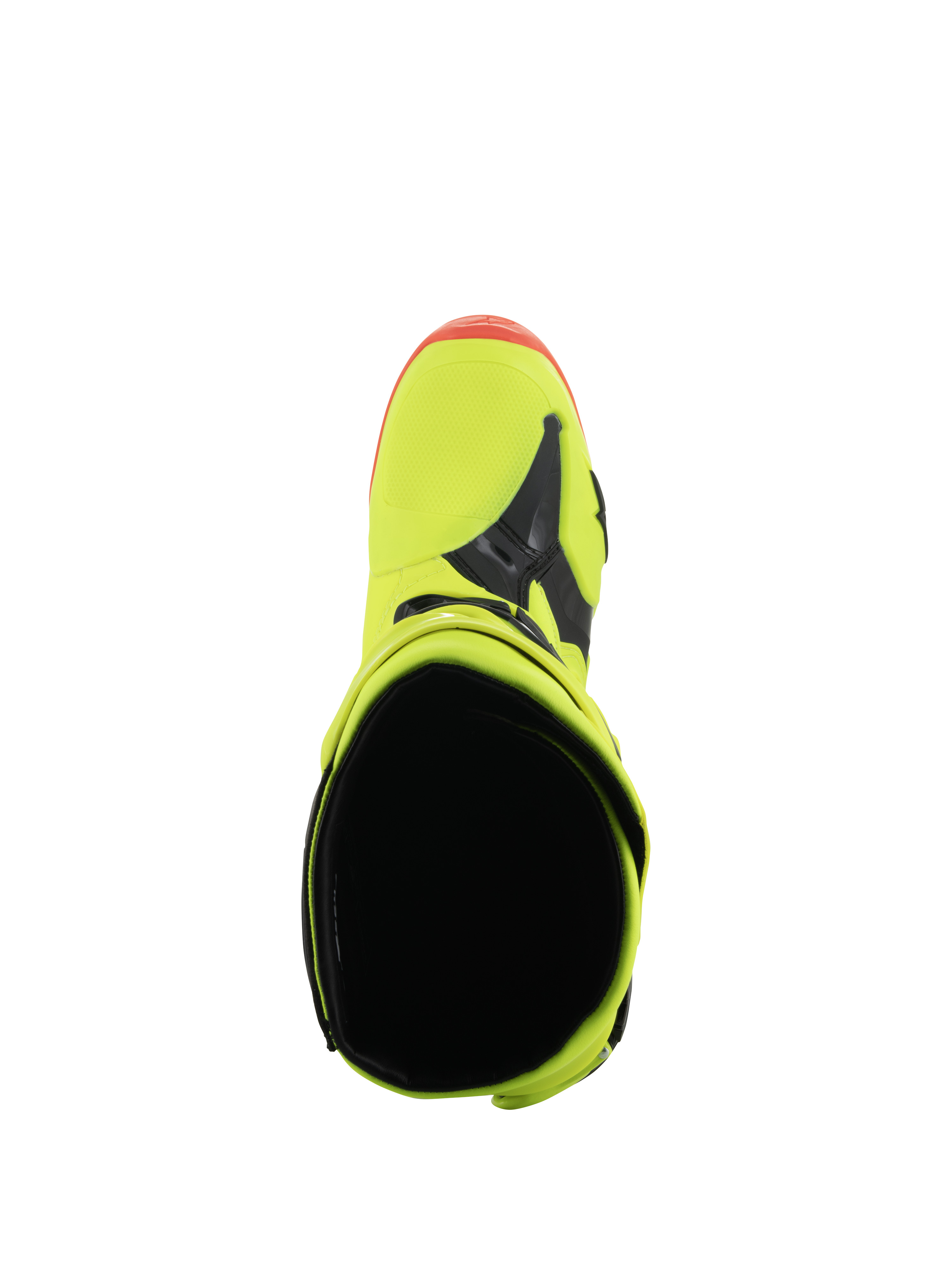 Botas Alpinestars Tech 10, botas de motocross, amarillo flúor, negro y rojo flúor, vista superior que muestra la abertura interior y la puntera, colores neón vibrantes con detalles en negro, calzado profesional de competición todoterreno