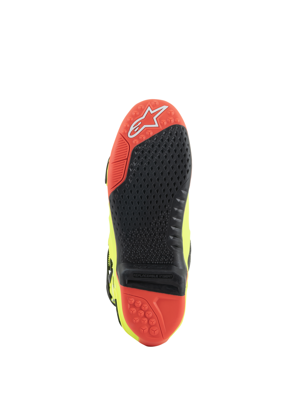 Botas Alpinestars Tech 10, botas de motocross, Amarillo Fluo Negro Rojo Fluo, vista de la suela con material de doble compuesto rojo y negro, inserto de agarre central reemplazable y tacos de tracción para un rendimiento todoterreno
