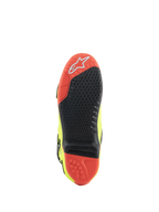 Botas Alpinestars Tech 10, botas de motocross, Amarillo Fluo Negro Rojo Fluo, vista de la suela con material de doble compuesto rojo y negro, inserto de agarre central reemplazable y tacos de tracción para un rendimiento todoterreno