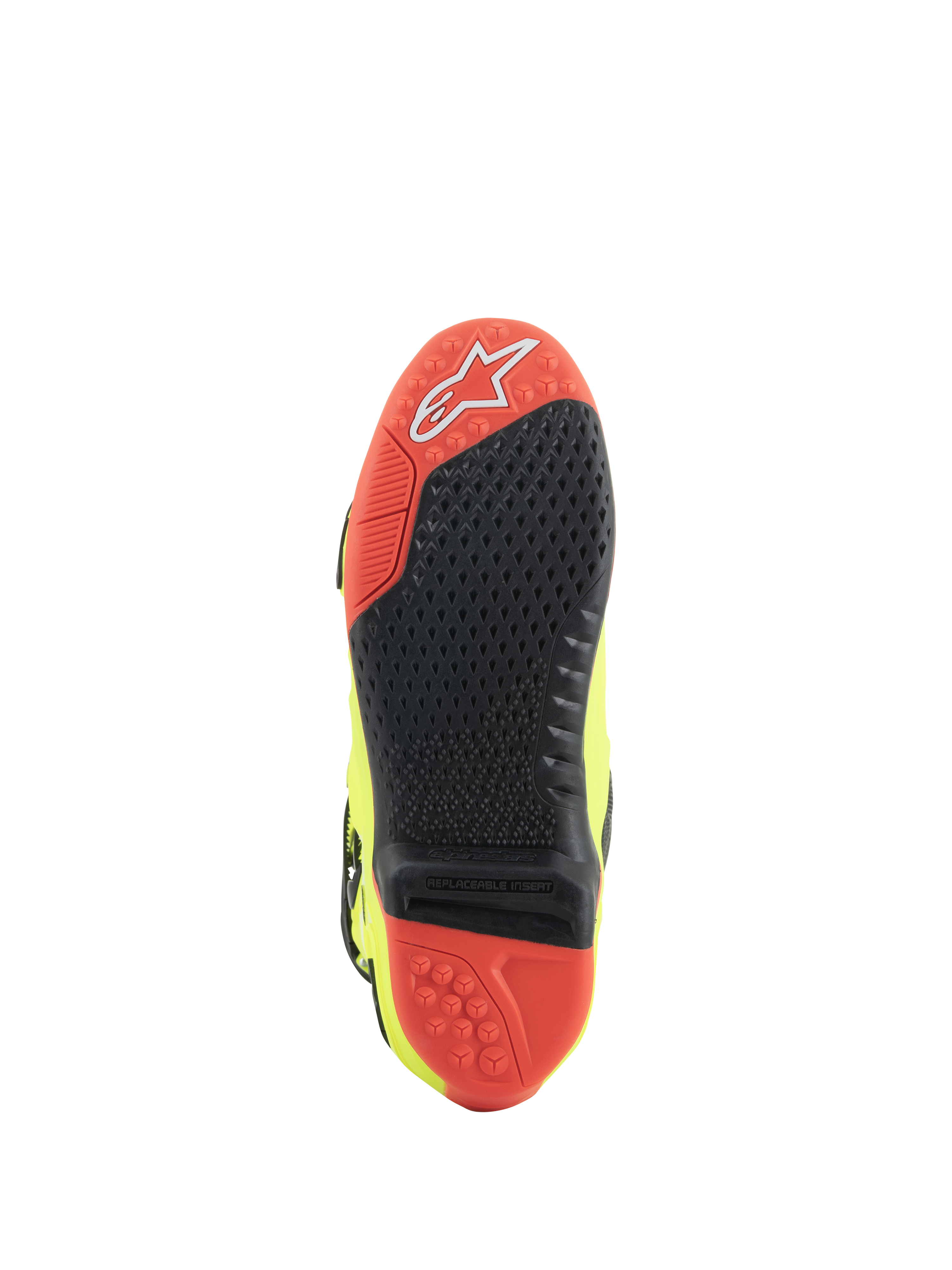 Botas Alpinestars Tech 10, botas de motocross, Amarillo Fluo Negro Rojo Fluo, vista de la suela con material de doble compuesto rojo y negro, inserto de agarre central reemplazable y tacos de tracción para un rendimiento todoterreno