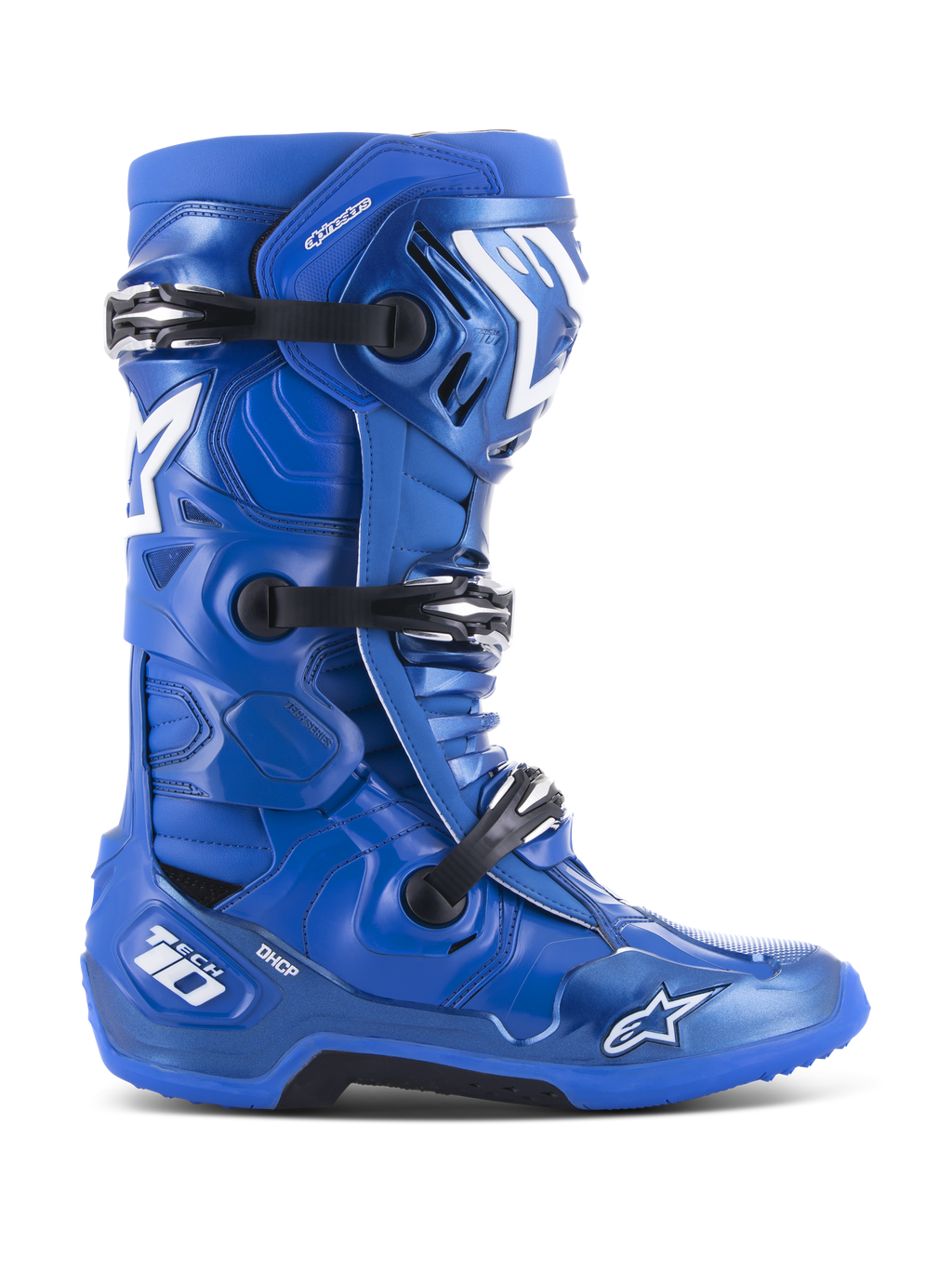 Alpinestars Tech 10 Motocross Boots, Blue with white and black accents, side profile, triple buckle closure system, DHCP heel protection, star logo and Tech 10 branding, rugged high-grip sole, professional off-road racing gear