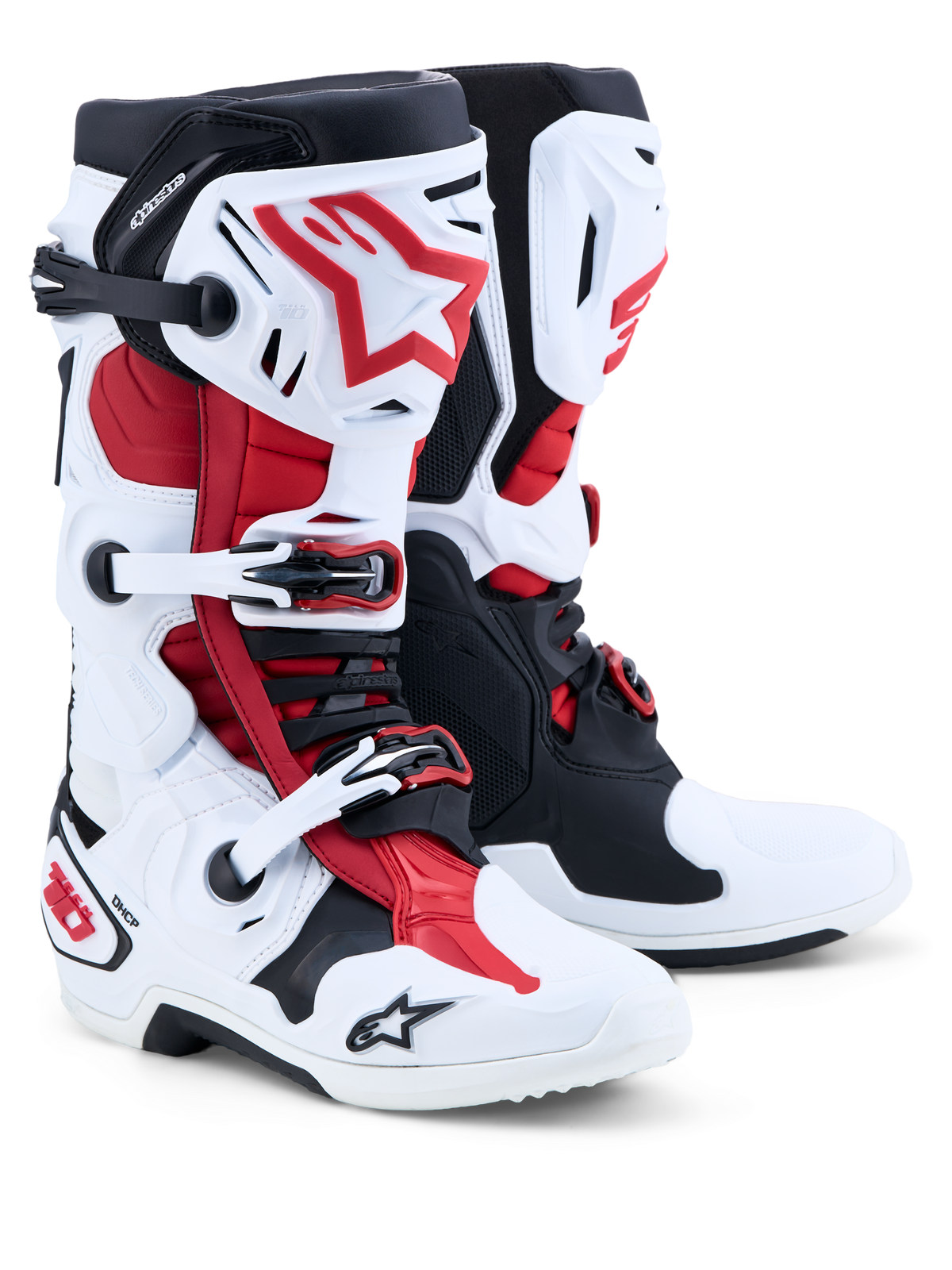 Alpinestars Tech-10, botas de motocross y off-road para hombre, blancas, negras y rojas, con certificación CE, estructura de control de la flexión frontal y carcasa de TPU.