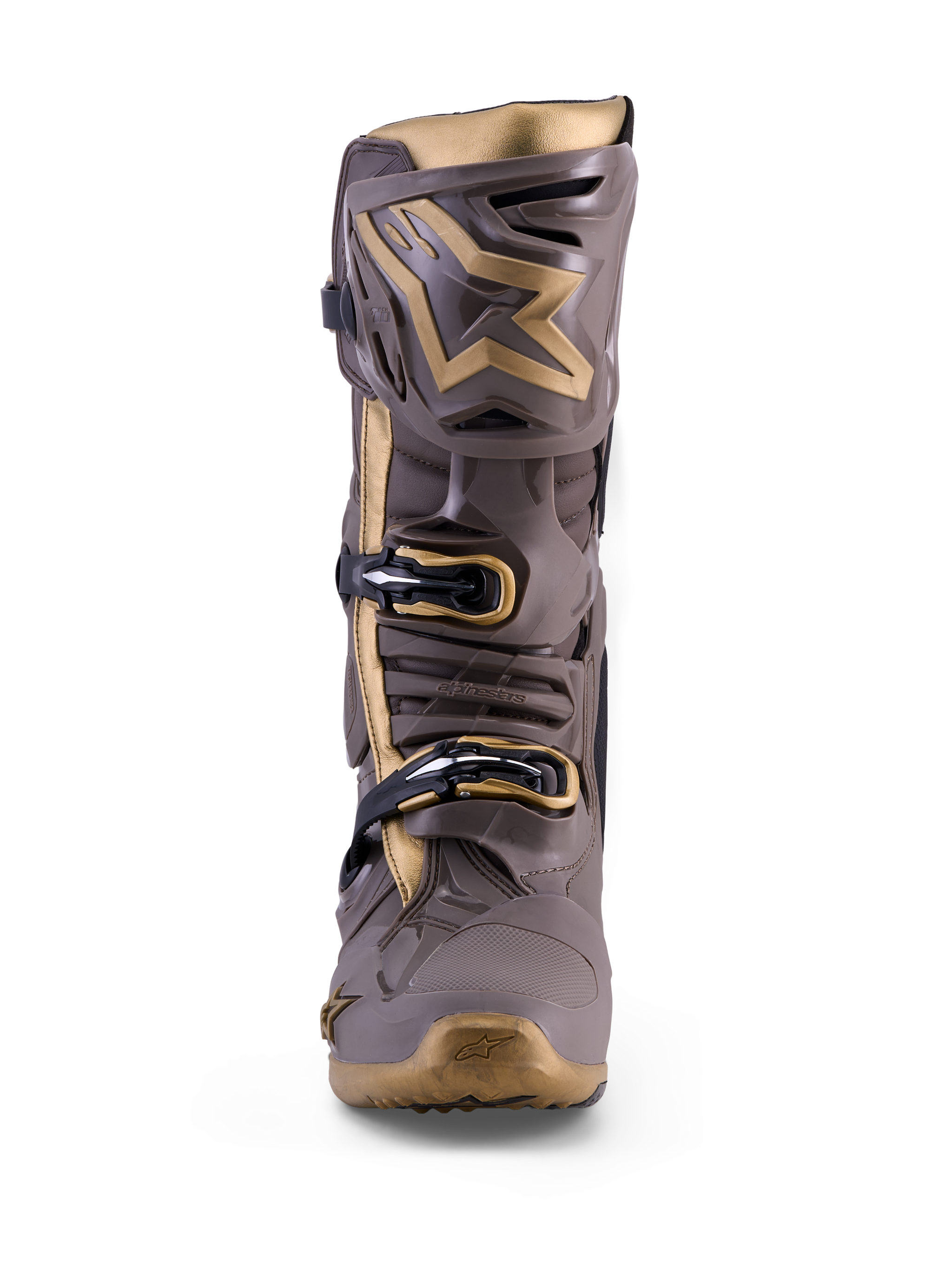 Bota de motocross Alpinestars Tech 10 Air Gold en Earth Brown Gold con protección de TPU y detalles en oro metálico.