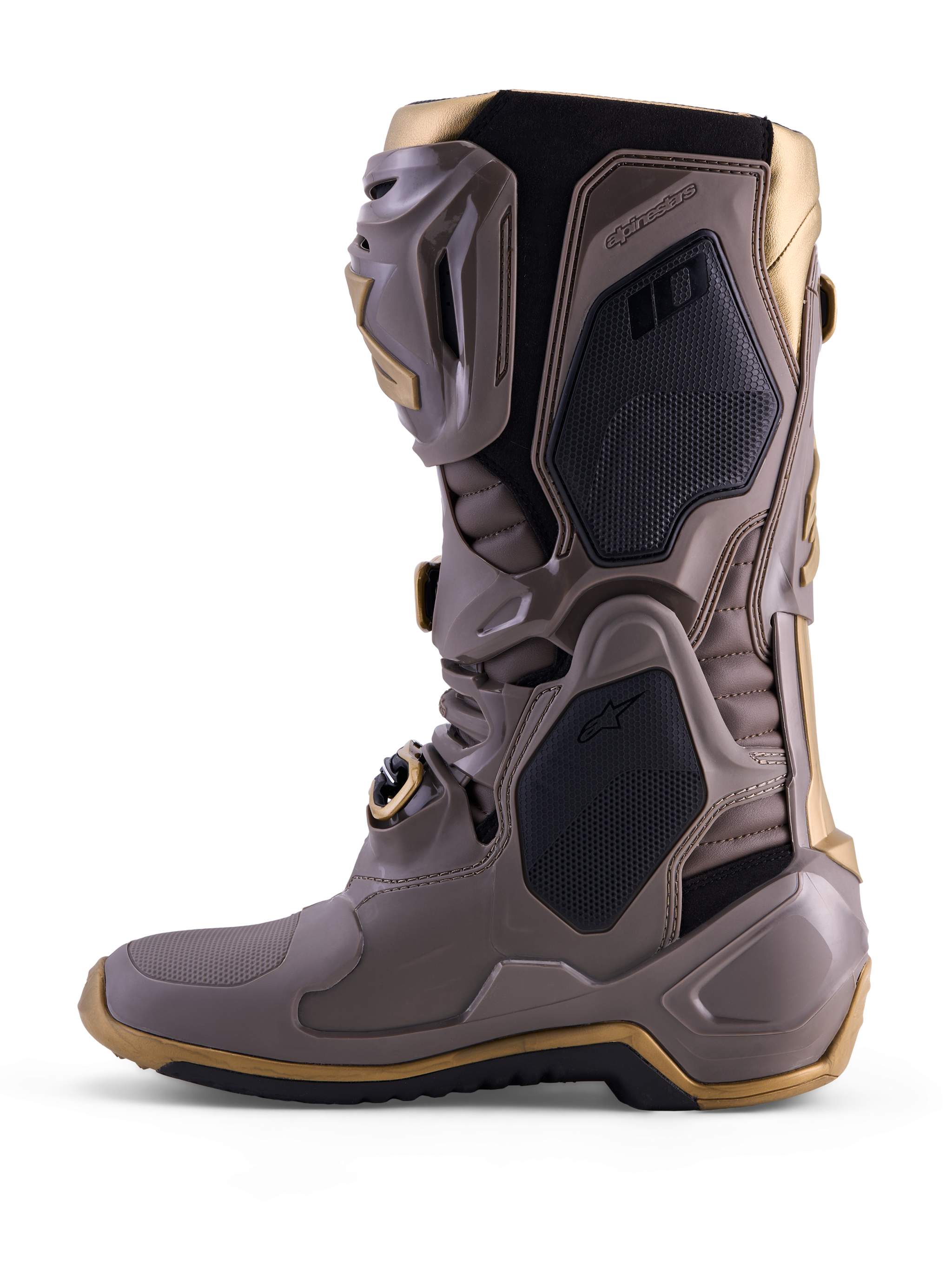 Botas Alpinestars Tech 10 Air Gold en Earth Brown Gold con carcasa de TPU y detalles dorados para motocross.