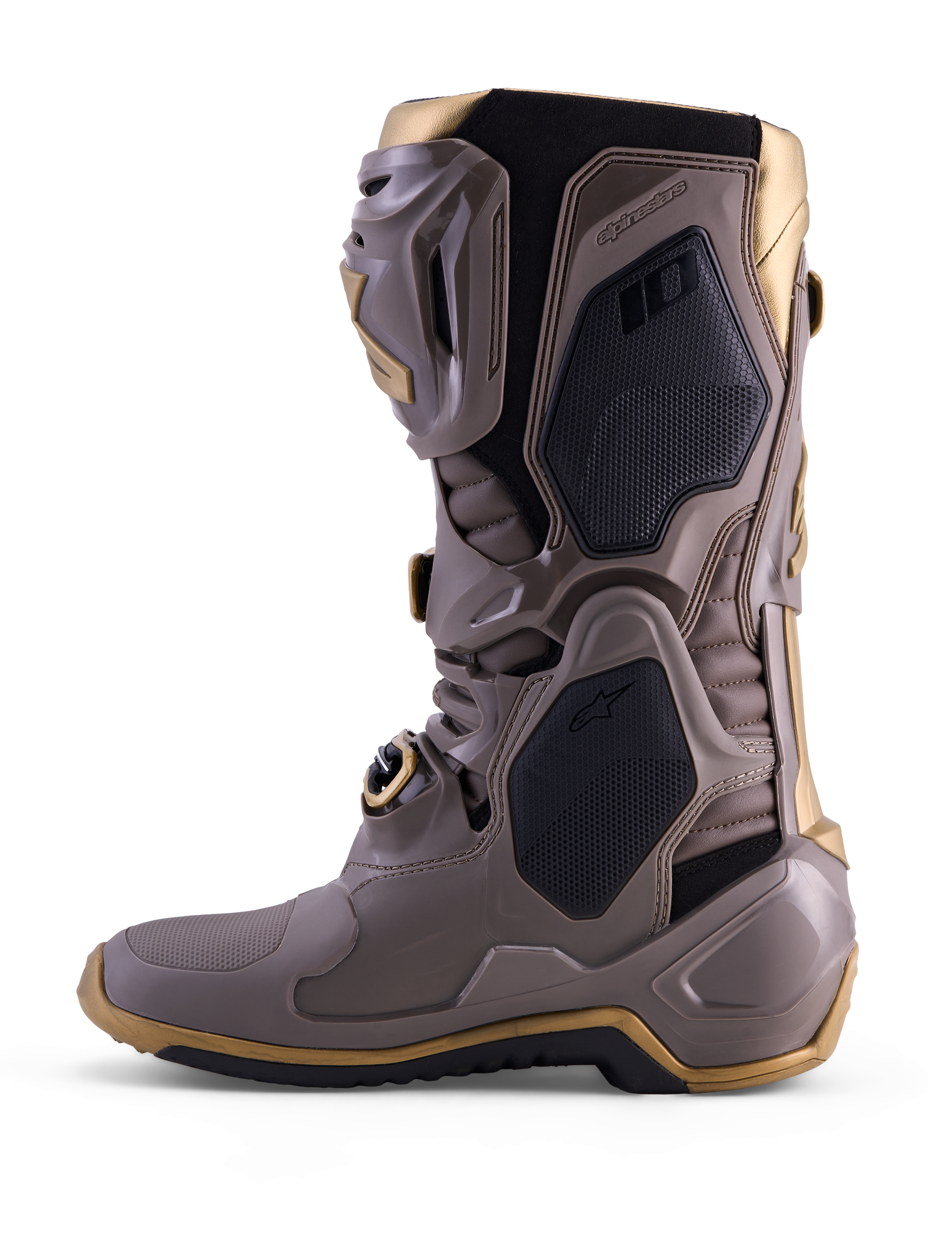 Botas Alpinestars Tech 10 Air Gold en Earth Brown Gold con carcasa de TPU y detalles dorados para motocross.