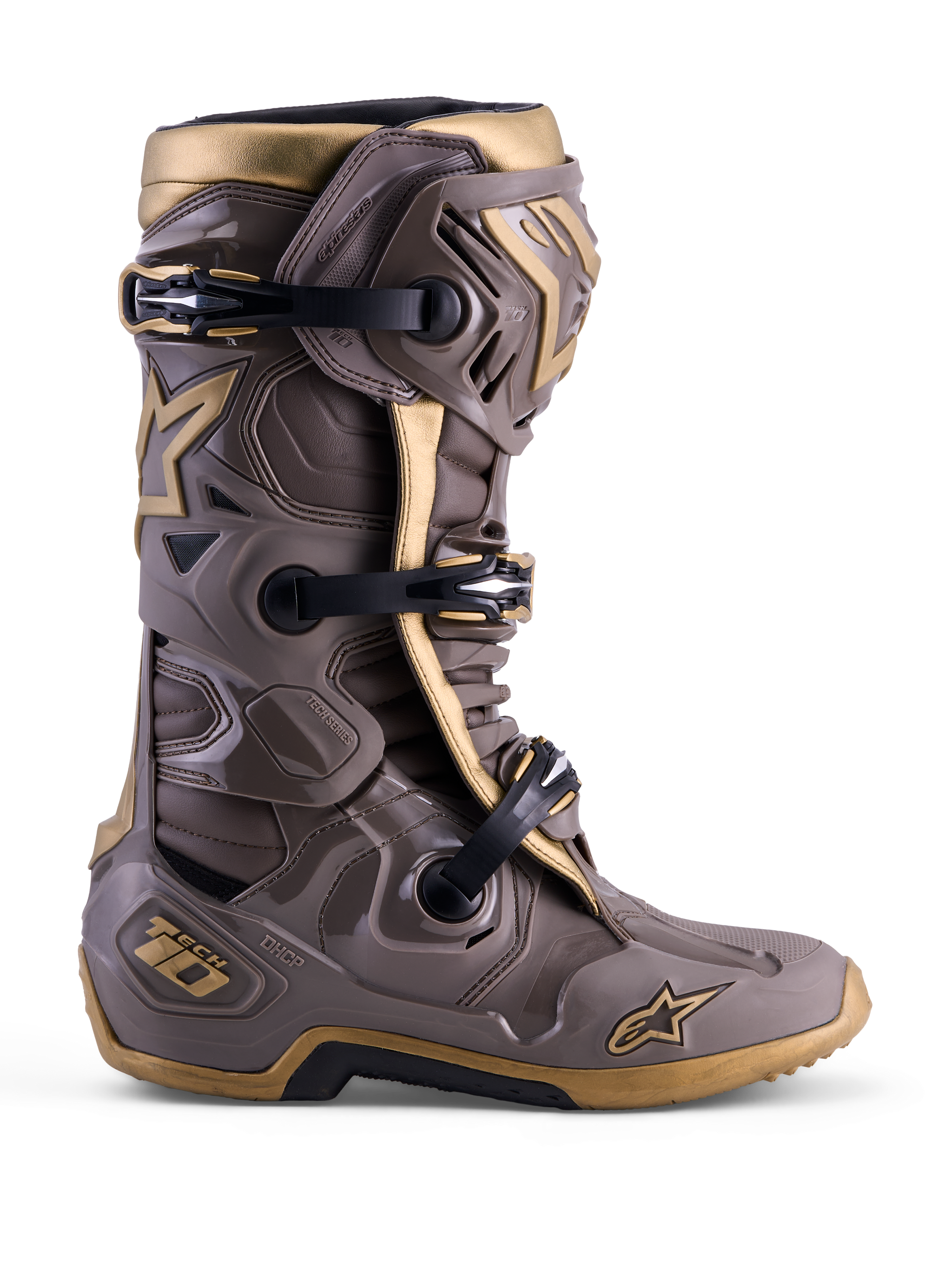 Bota de motocross Alpinestars Tech 10 Air Gold Edición Limitada en marrón tierra y oro con carcasa protectora de TPU.