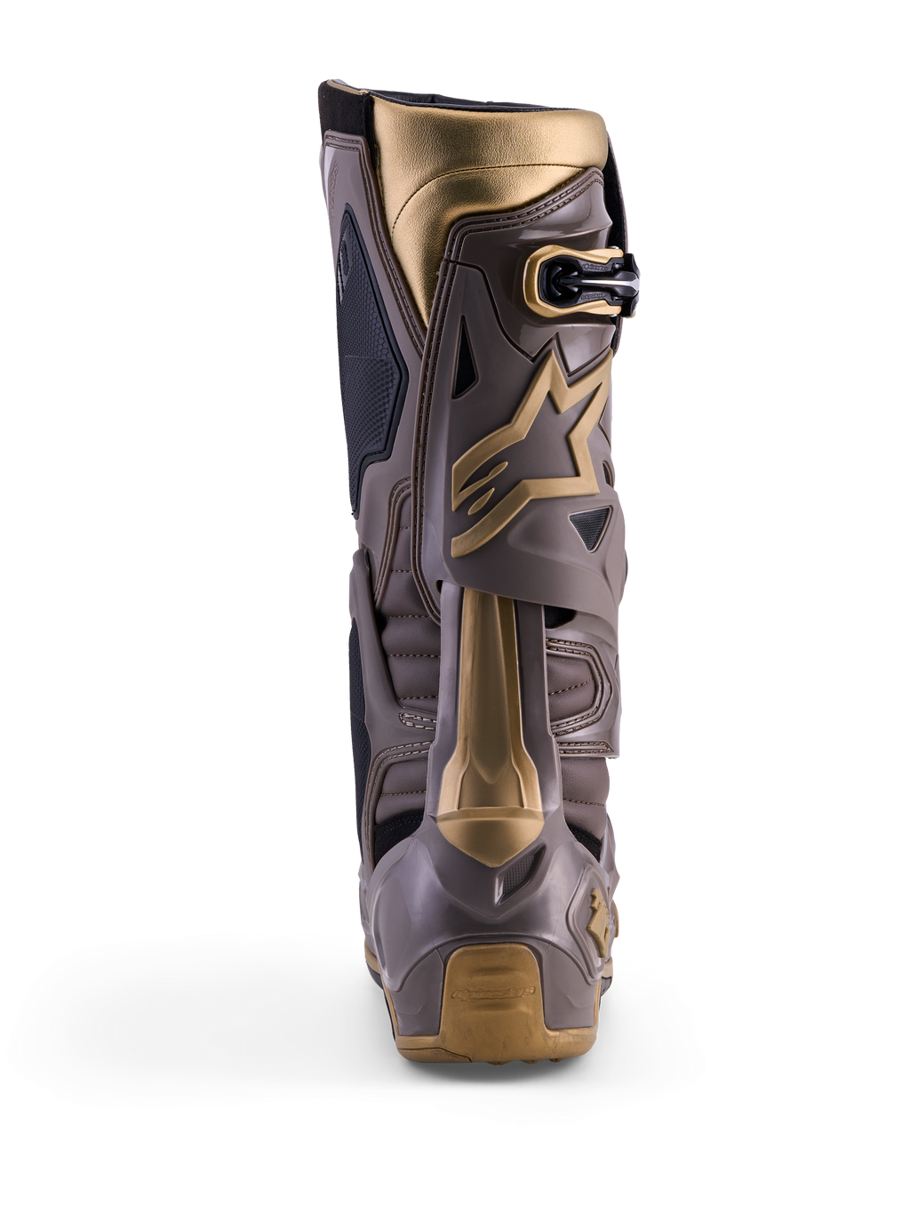 Botas de motocross Alpinestars Tech 10 Air Gold, vista trasera en Earth Brown Gold con carcasa de TPU y detalles dorados.