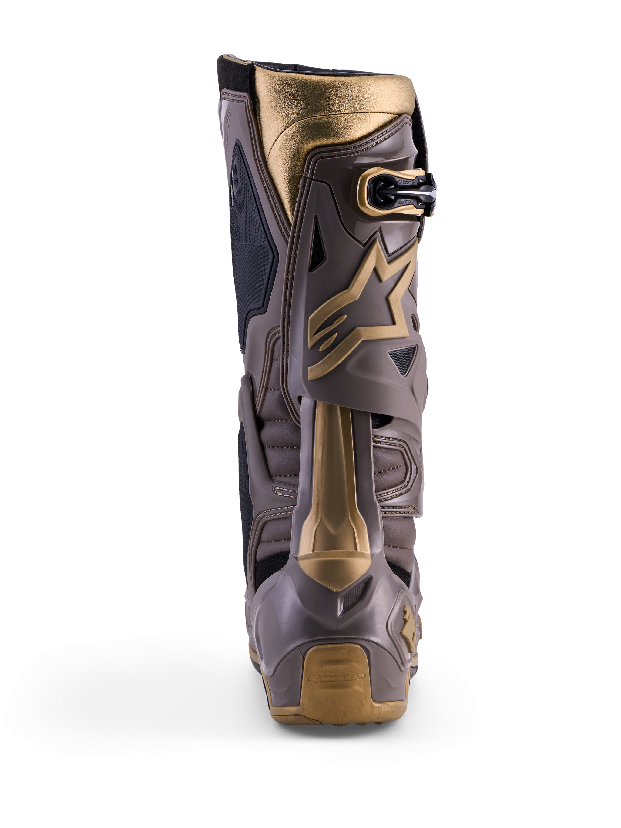 Botas de motocross Alpinestars Tech 10 Air Gold, vista trasera en Earth Brown Gold con carcasa de TPU y detalles dorados.