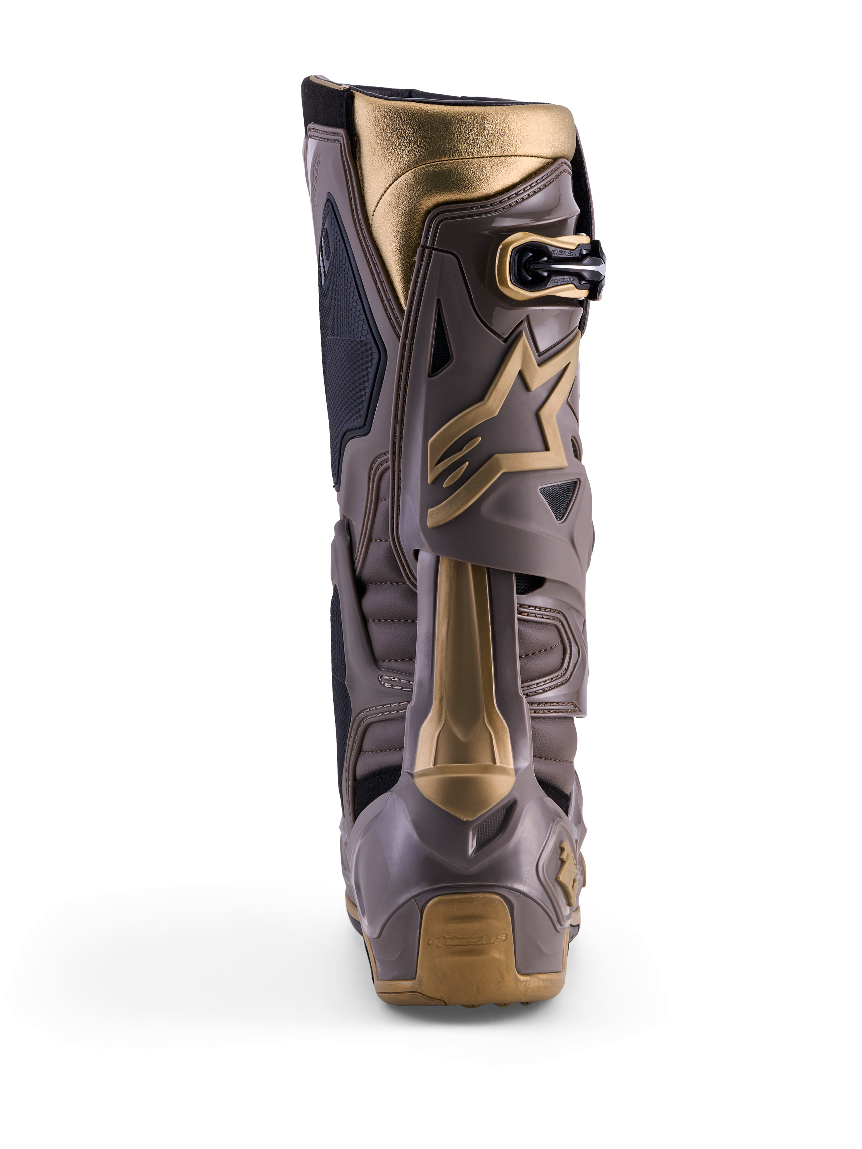 Botas de motocross Alpinestars Tech 10 Air Gold, vista trasera en Earth Brown Gold con carcasa de TPU y detalles dorados.