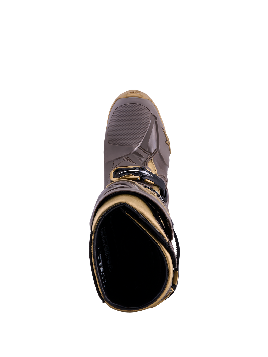 Botas Alpinestars Tech 10 Air Gold Earth Brown Gold, vista superior de la carcasa de TPU y el forro interior.