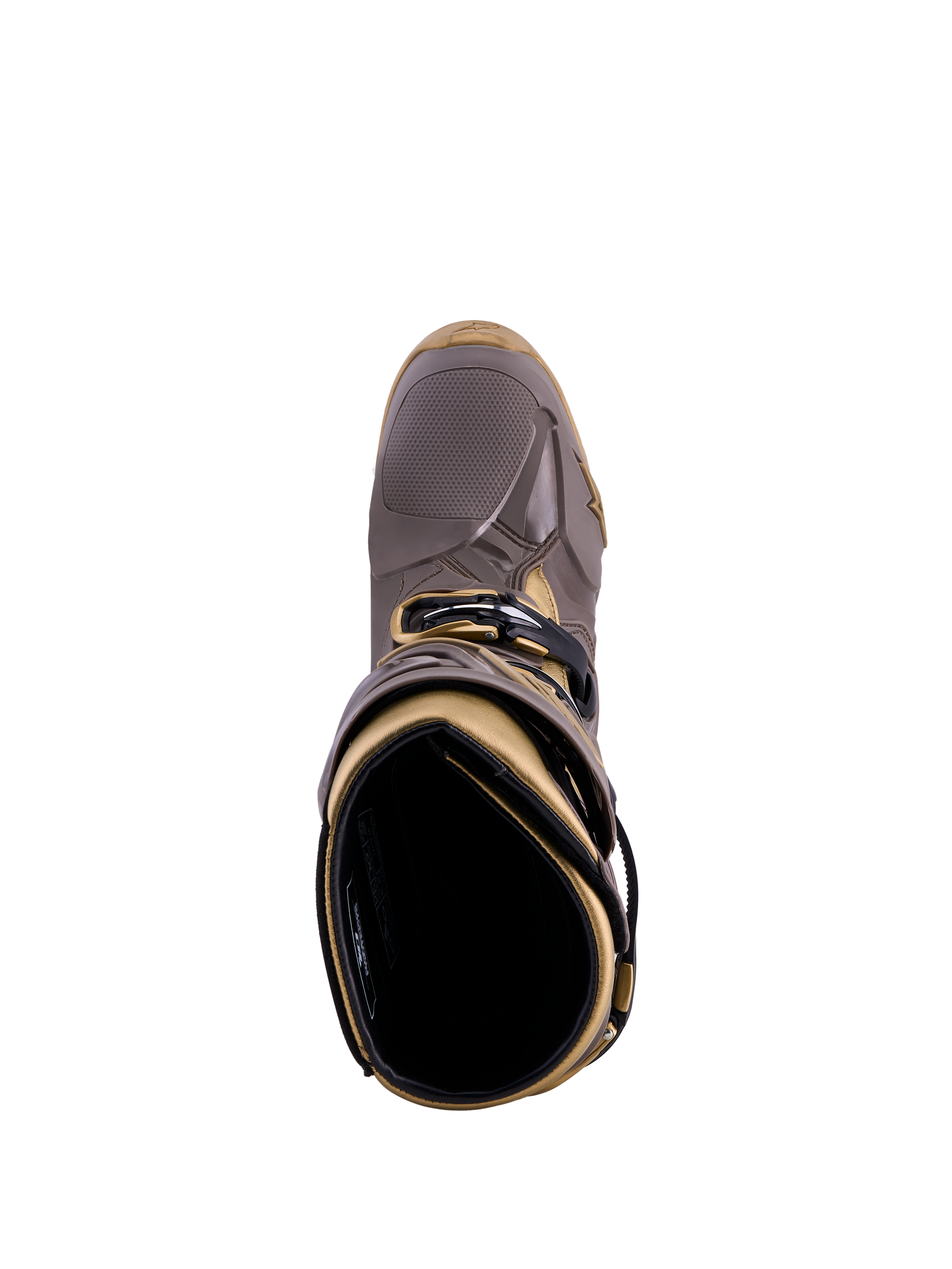Botas Alpinestars Tech 10 Air Gold Earth Brown Gold, vista superior de la carcasa de TPU y el forro interior.