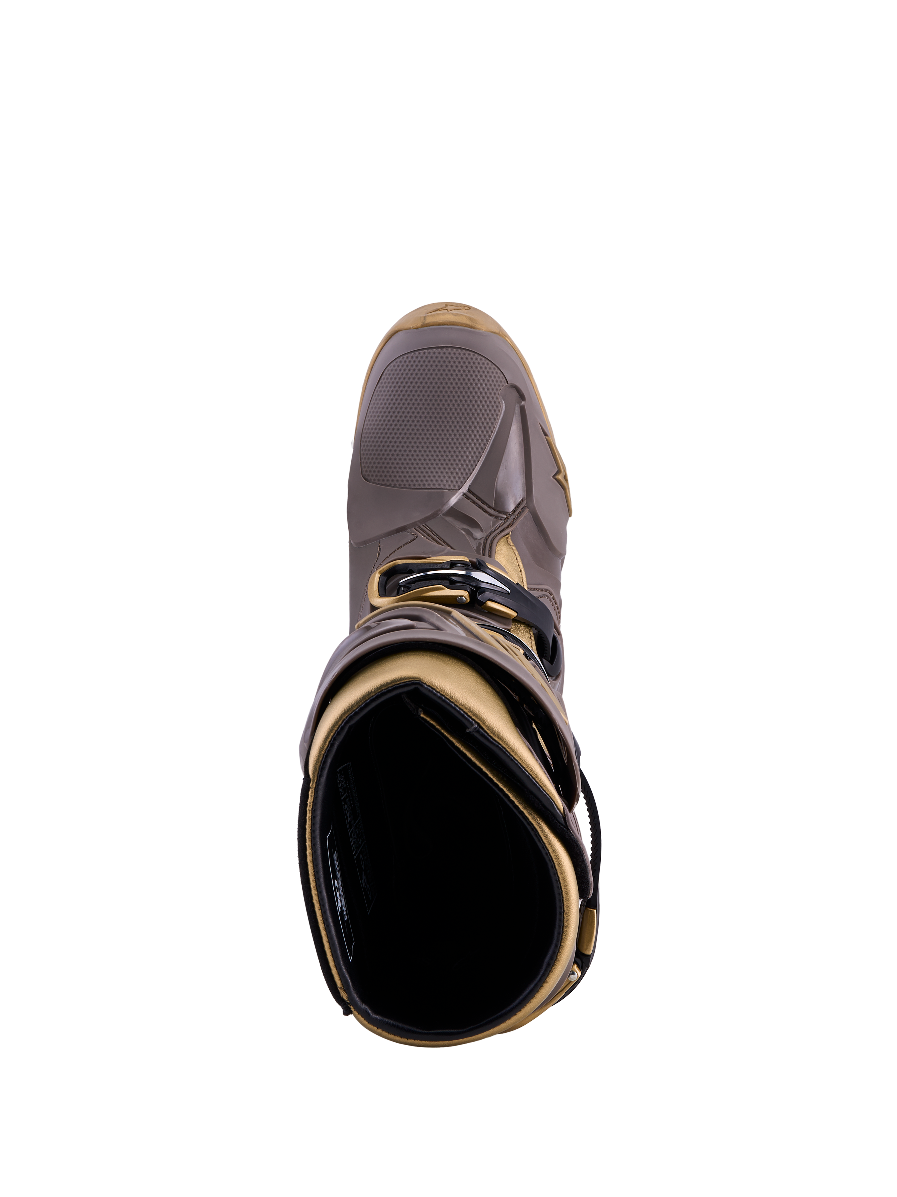 Botas Alpinestars Tech 10 Air Gold Earth Brown Gold, vista superior de la carcasa de TPU y el forro interior.