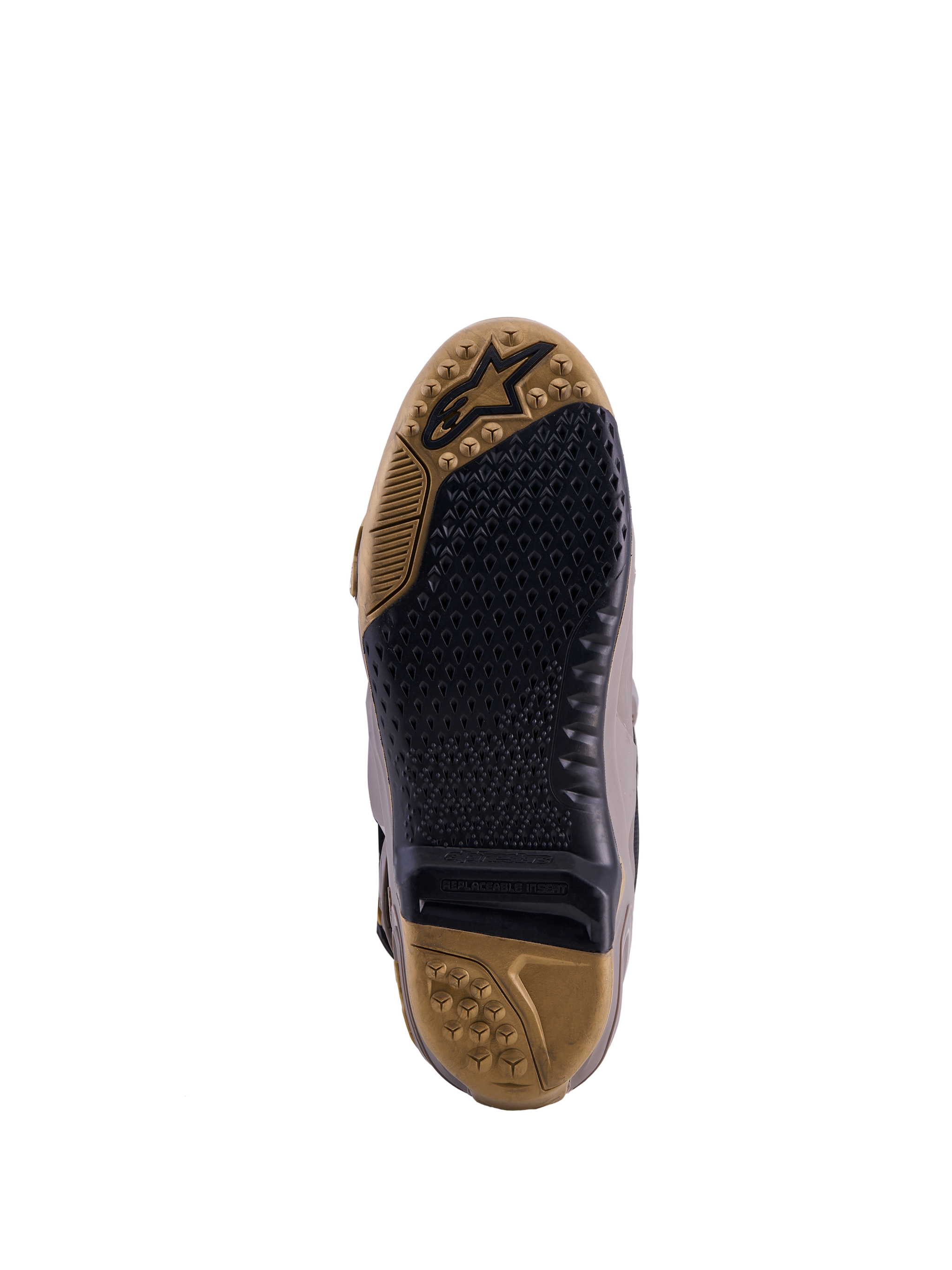 Suela de las Botas Tech 10 Air Gold Edición Limitada, agarre texturizado marrón tierra y negro con inserto reemplazable.