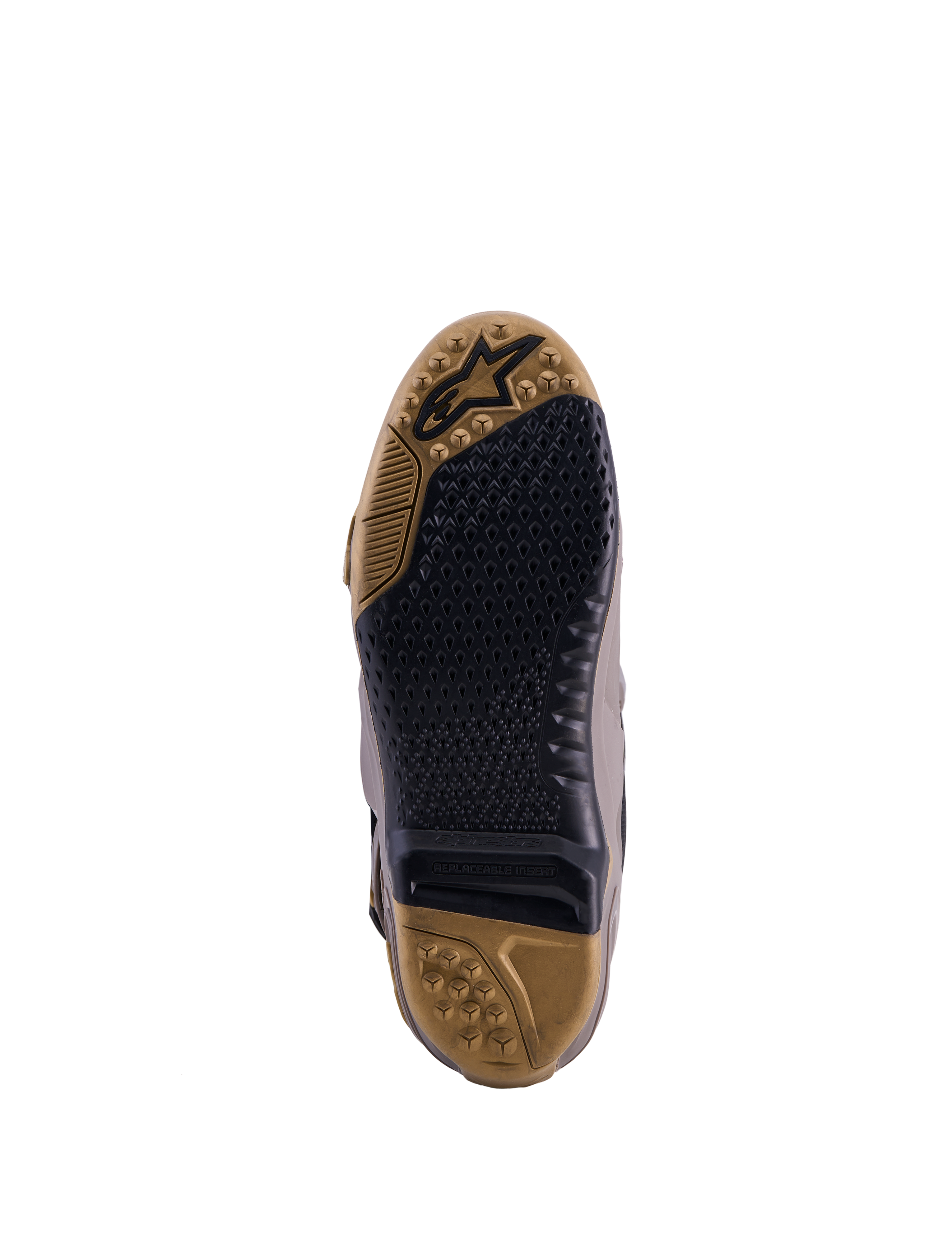 Suela de las Botas Tech 10 Air Gold Edición Limitada, agarre texturizado marrón tierra y negro con inserto reemplazable.