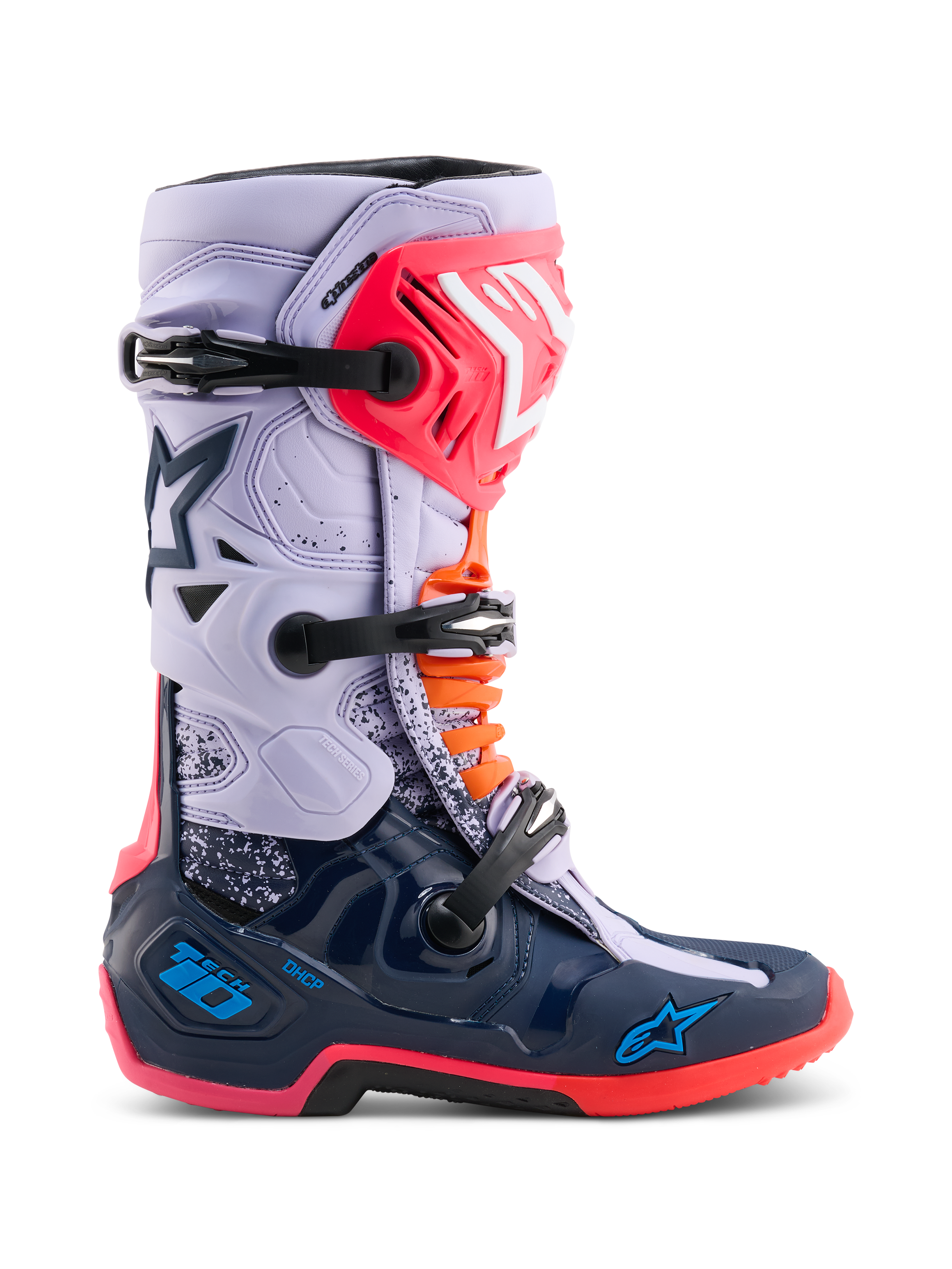 Alpinestars Limited Edition Tech 10 Records Boots, botas de motocross, multicolor con parte superior en morado claro y estructura inferior en azul marino, detalles en rosa y naranja, sistema de triple hebilla, calzado de protección de alto rendimiento para conducción off-road