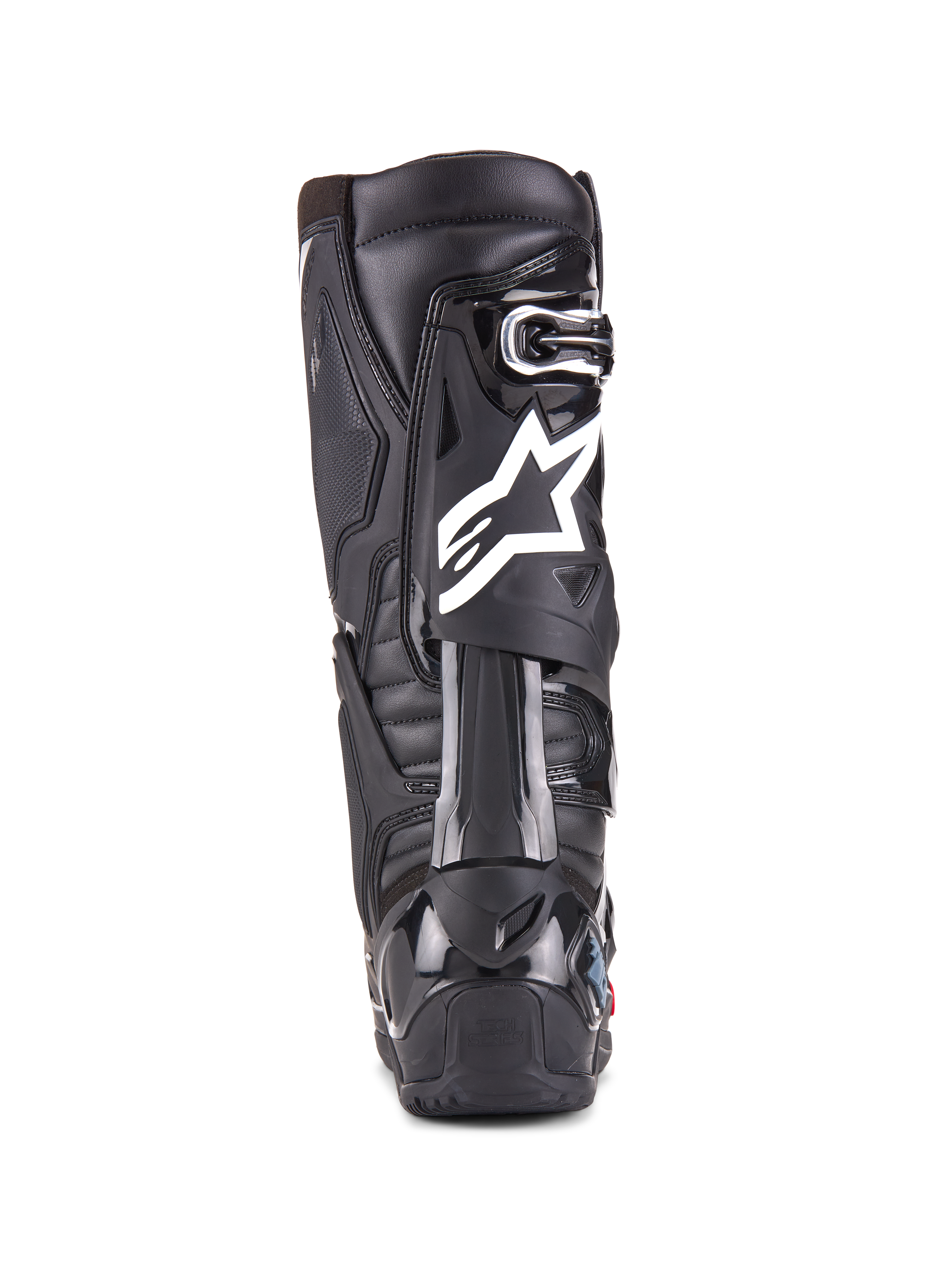 Alpinestars Tech 10 Enduro Boots, Black, Rear view of a single boot showing the white Alpinestars logo, durable TPU heel protector, and rugged enduro sole design for off-road racing