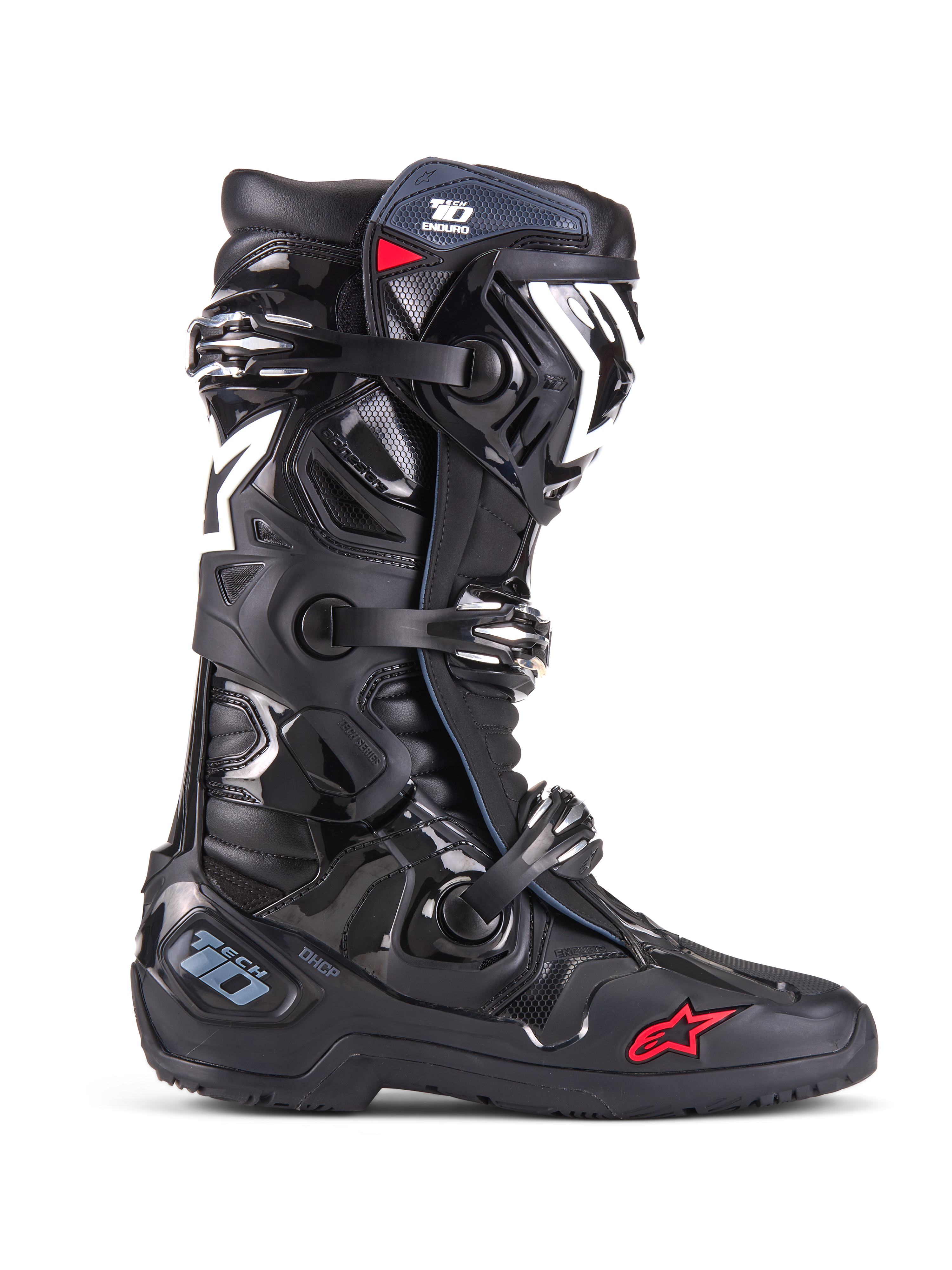 Alpinestars Tech 10 Enduro Boots, Motocross Off-Road Boots, Black with White and Red Accents, Triple Buckle Closure System, Protective TPU Shin Guard and Heel Plate, Rugged Enduro Sole, Iconic Star Logo, Premium Racing Protection