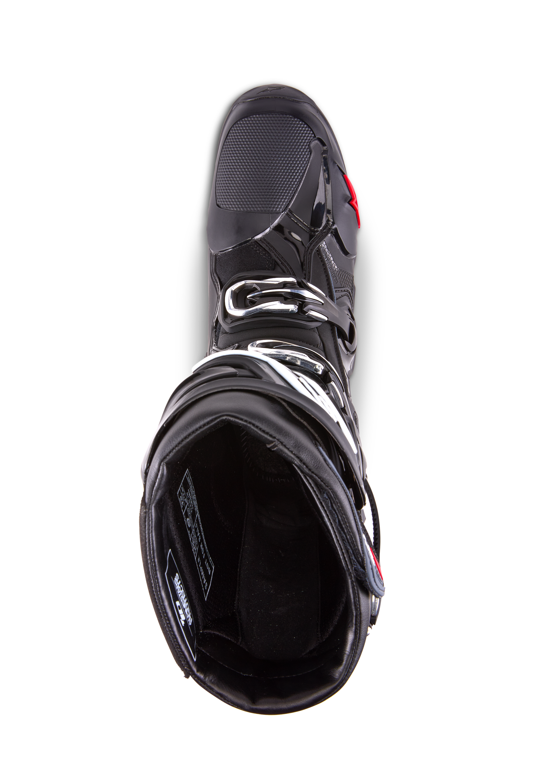 Alpinestars Tech 10 Enduro Boots, Motocross Boots, Black, top-down view showing the interior lining, triple buckle closure system, and reinforced toe area, designed for high-performance off-road and enduro racing