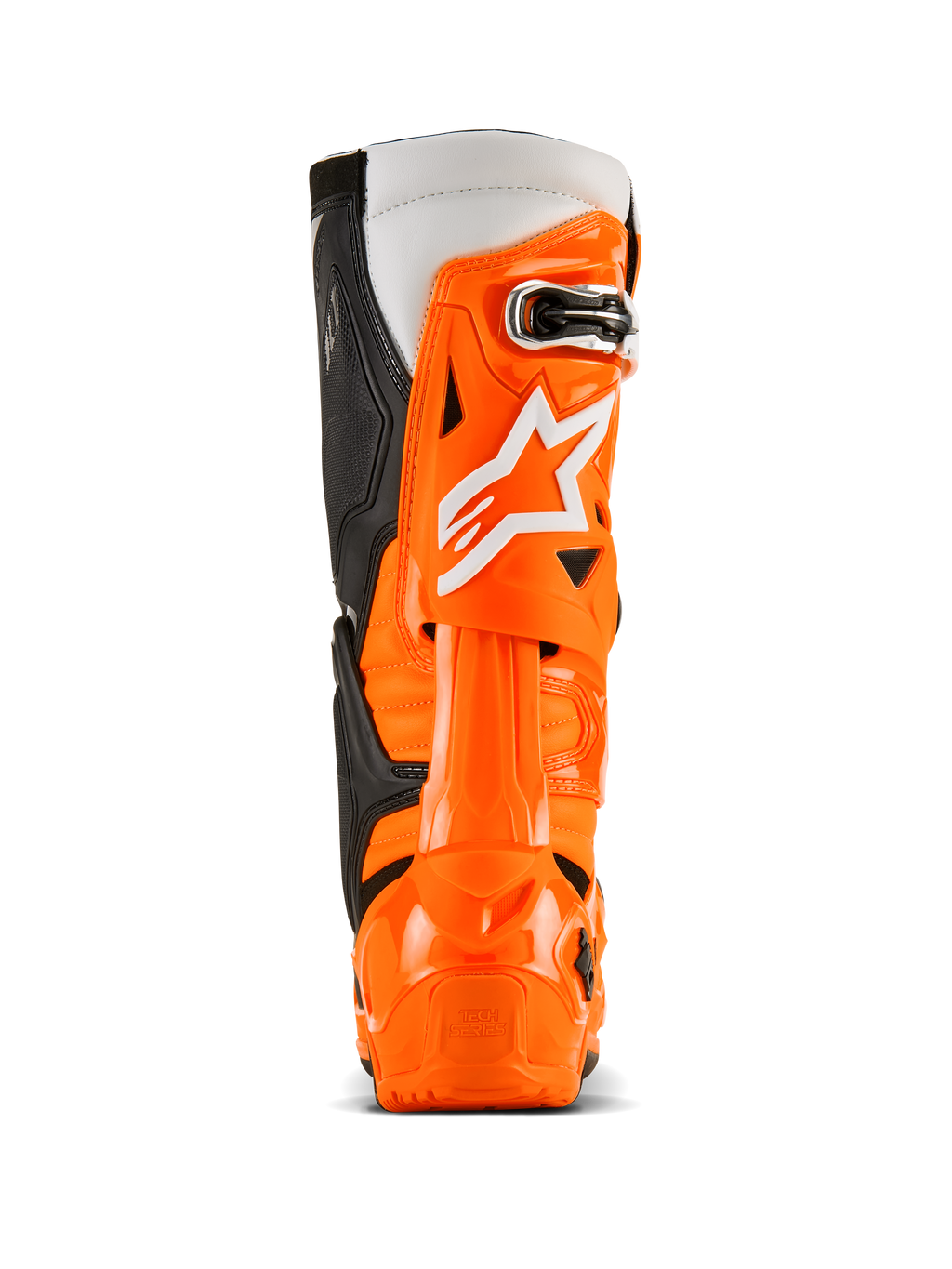 Botas Alpinestars Tech 10 Enduro, vista trasera, naranja flúor, negro y blanco, carcasa protectora de TPU en naranja vibrante, logotipo de Alpinestars en blanco, paneles laterales negros y protección de talón especializada para conducción todoterreno