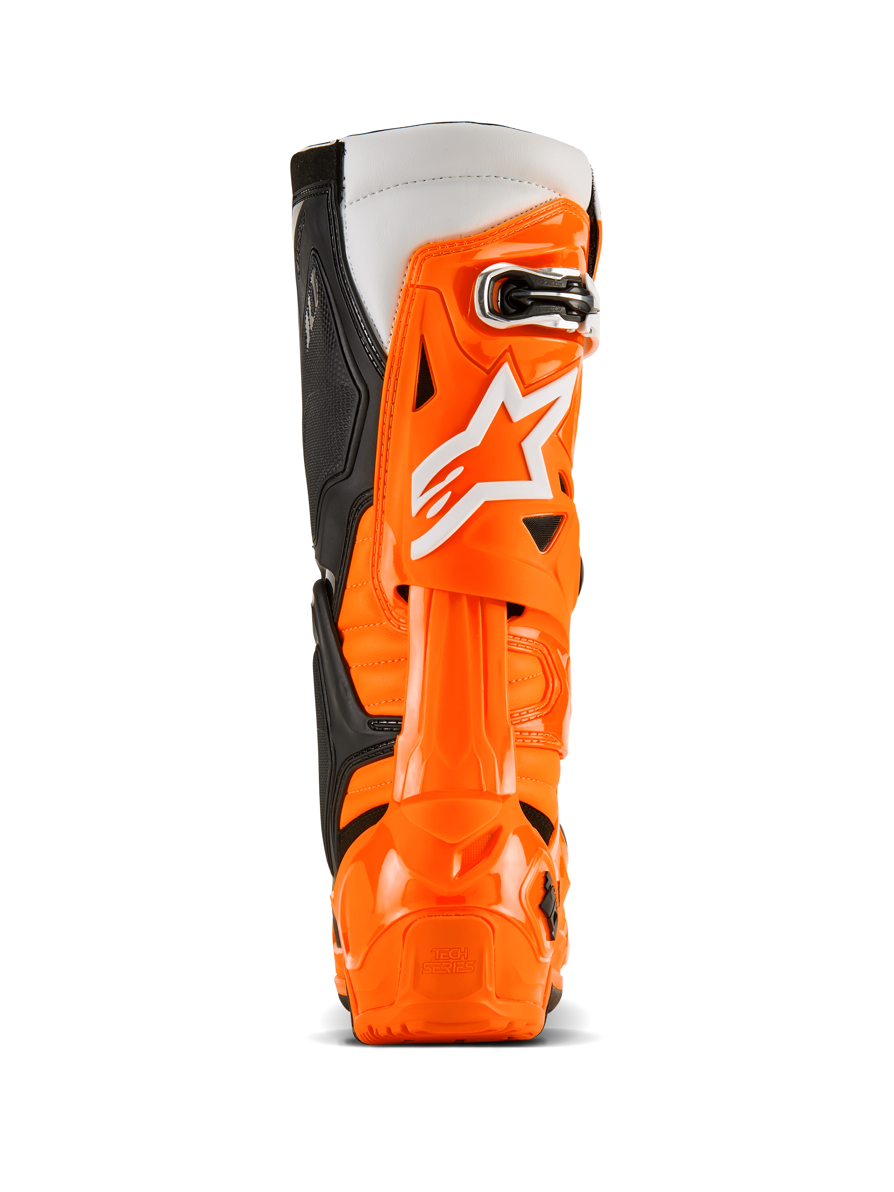 Botas Alpinestars Tech 10 Enduro, vista trasera, naranja flúor, negro y blanco, carcasa protectora de TPU en naranja vibrante, logotipo de Alpinestars en blanco, paneles laterales negros y protección de talón especializada para conducción todoterreno
