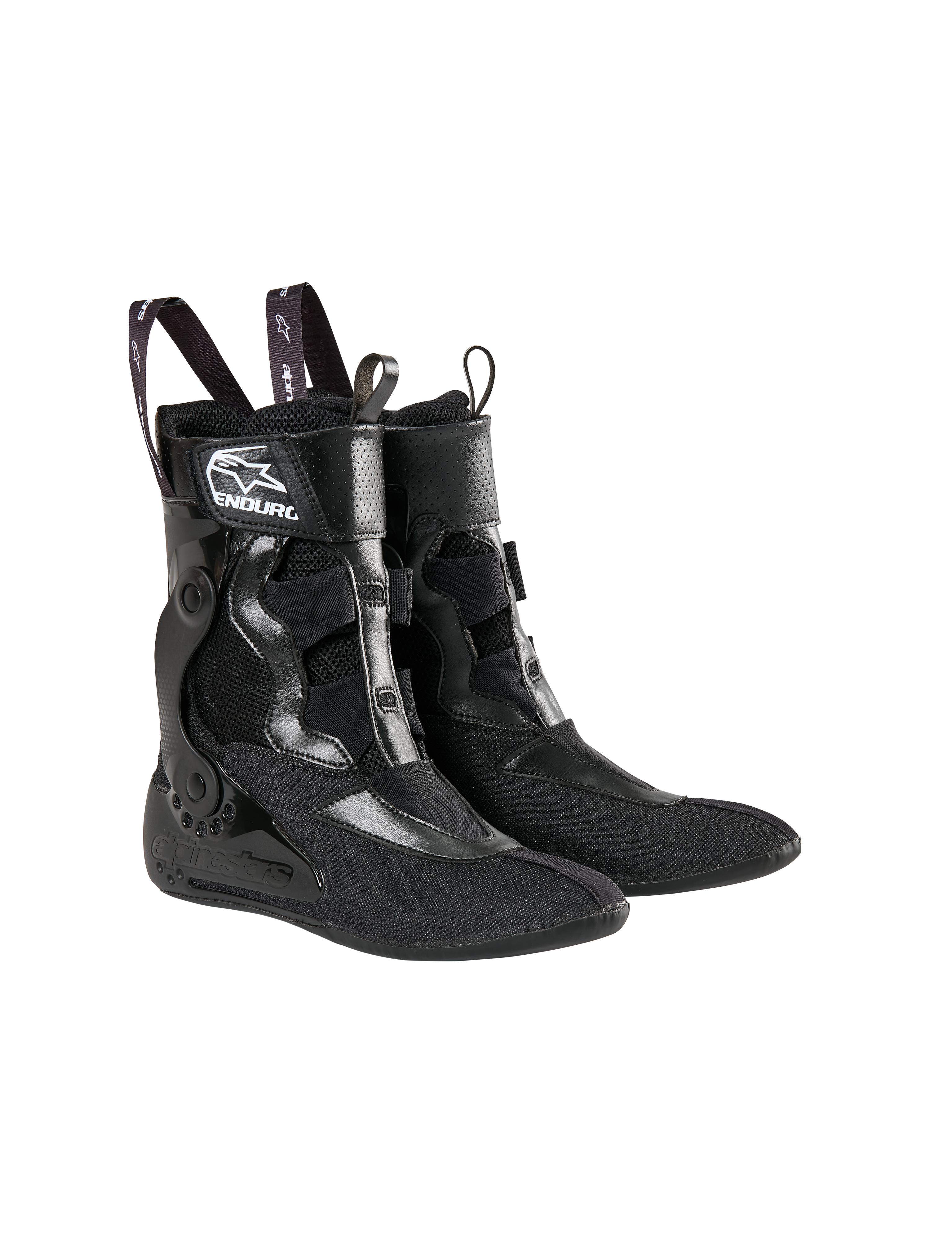 Alpinestars Tech 10 Enduro Inner Booties, botines internos negros de malla transpirable con secciones sintéticas reforzadas, cuentan con tiradores de marca y logotipo 'Enduro' en blanco, sistema de soporte interno especializado para botas de motocross y enduro.