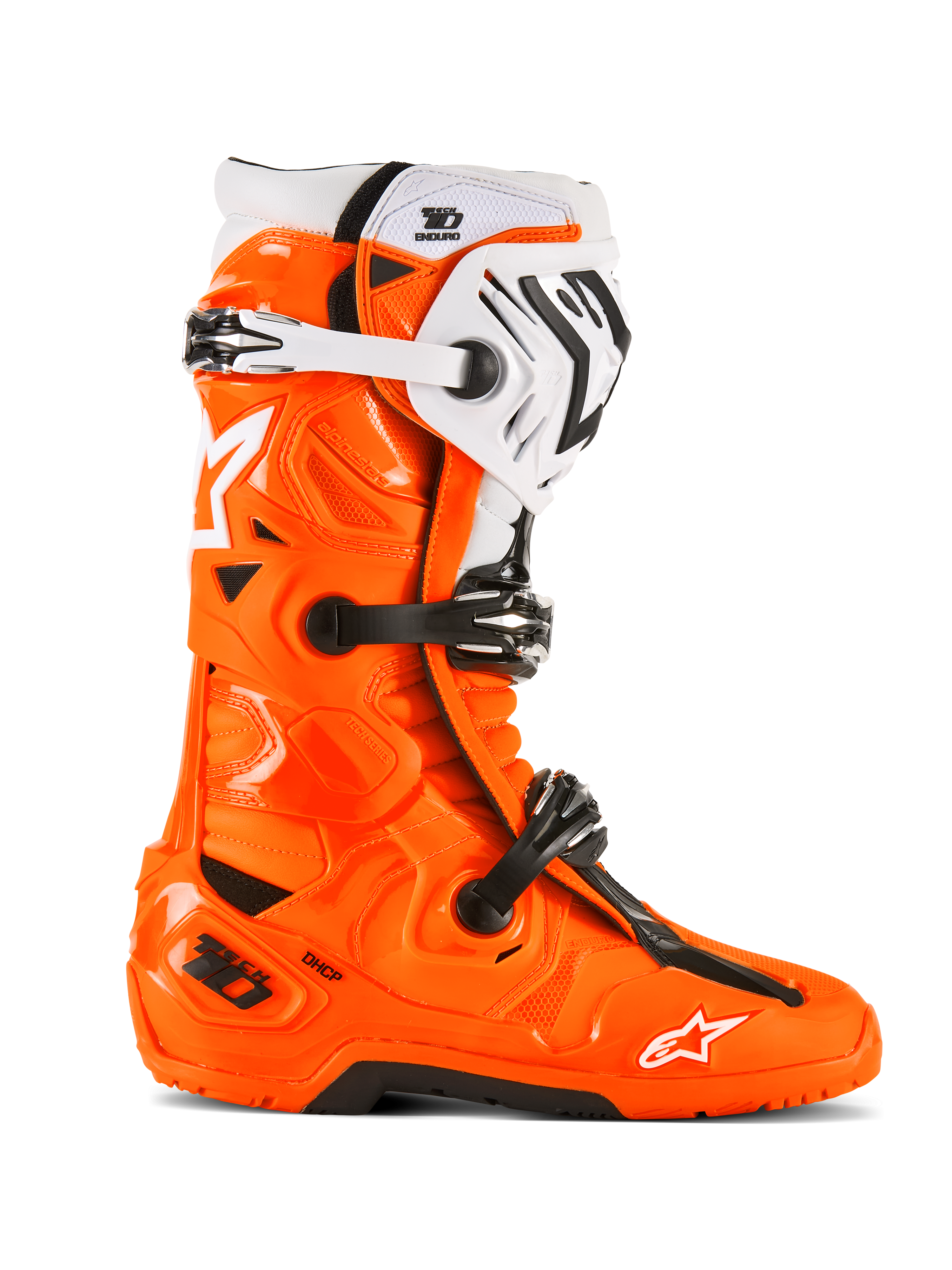 Botas Alpinestars Tech 10 Enduro, botas de motocross todoterreno, color naranja fluorescente con detalles en blanco y negro, vista lateral con sistema de cierre de triple hebilla, suela negra robusta y construcción protectora de TPU para enduro