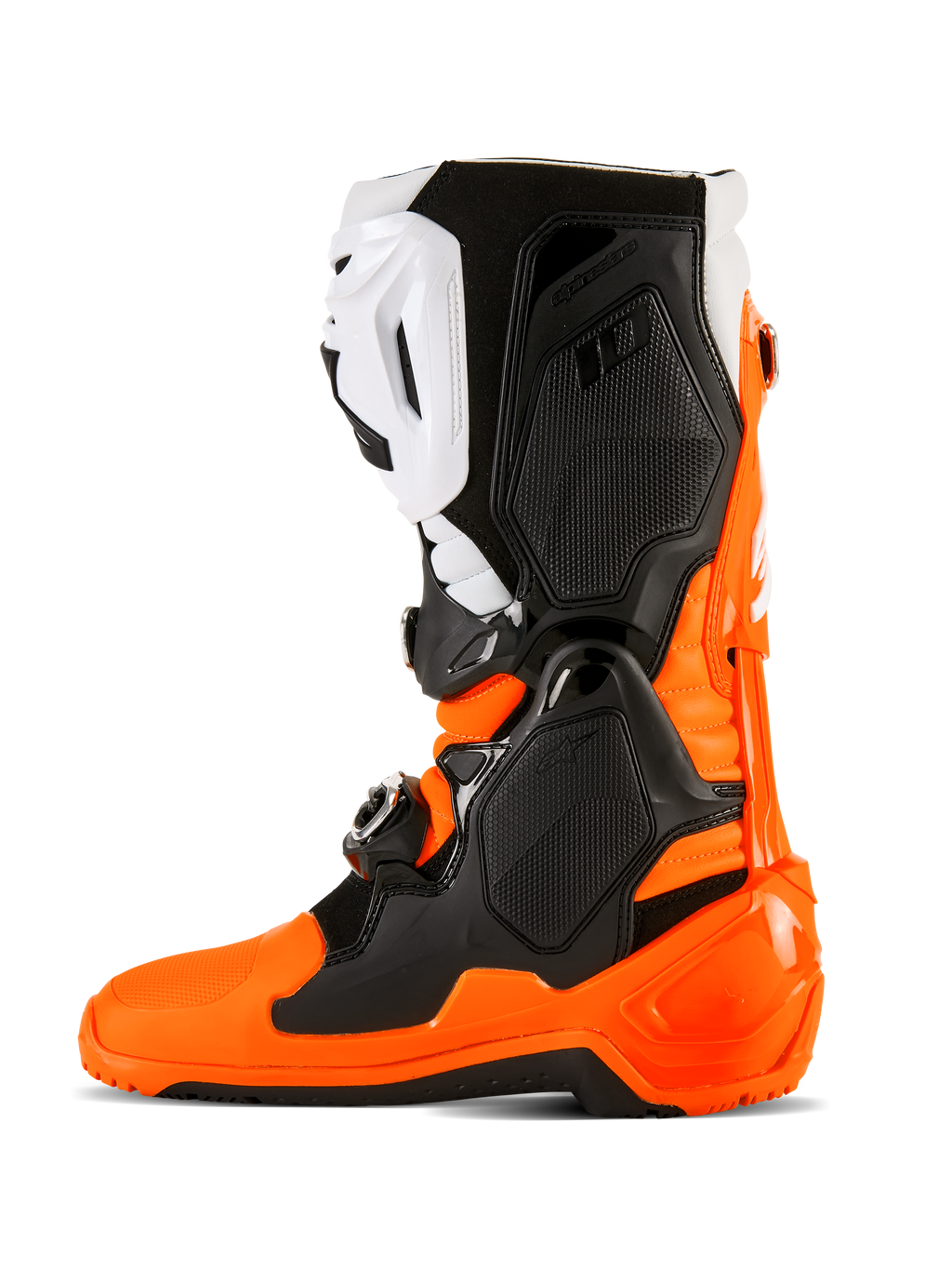Botas Alpinestars Tech 10 Enduro, naranja flúor, negro y blanco, calzado de alto rendimiento para motocross y off-road con sistema de cierre de triple hebilla, paneles protectores de TPU y suela especializada de doble compuesto para Enduro para un mayor agarre.