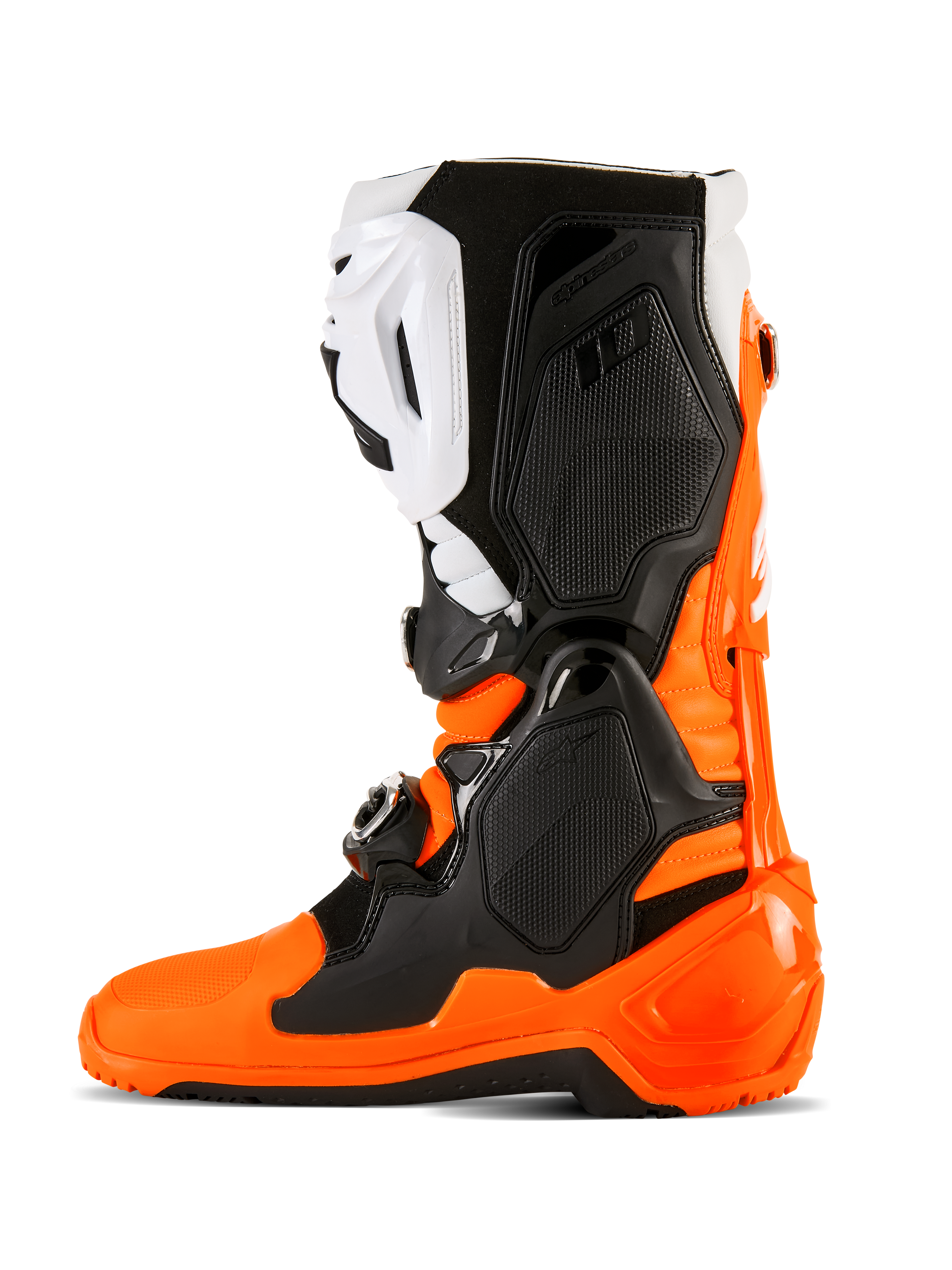 Botas Alpinestars Tech 10 Enduro, naranja flúor, negro y blanco, calzado de alto rendimiento para motocross y off-road con sistema de cierre de triple hebilla, paneles protectores de TPU y suela especializada de doble compuesto para Enduro para un mayor agarre.