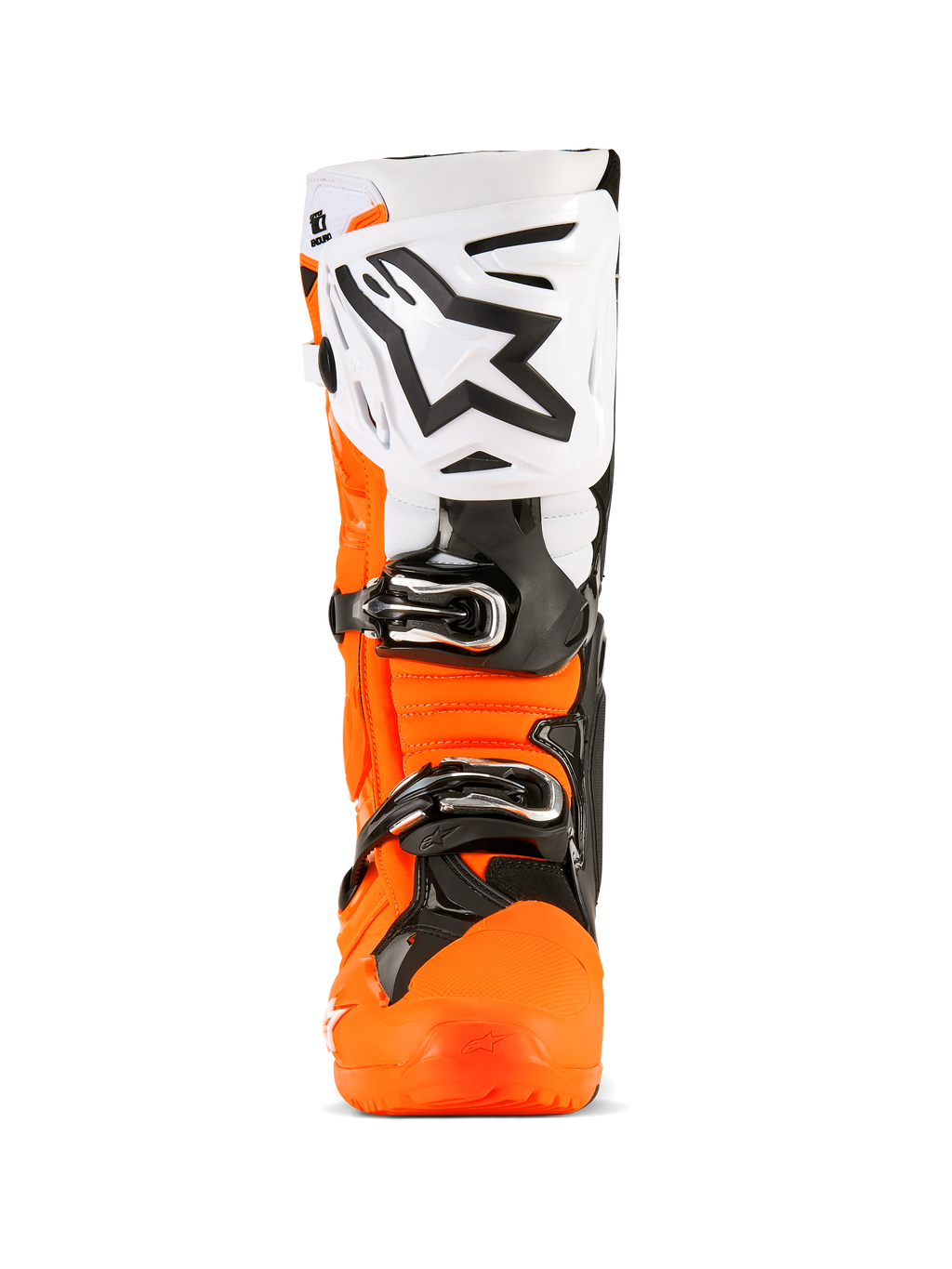 Botas Alpinestars Tech 10 Enduro, botas de motocross, naranja flúor, negro y blanco, vista frontal con una placa de espinilla blanca grande con el logotipo de Alpinestars en negro, hebillas negras y carcasa protectora naranja resistente