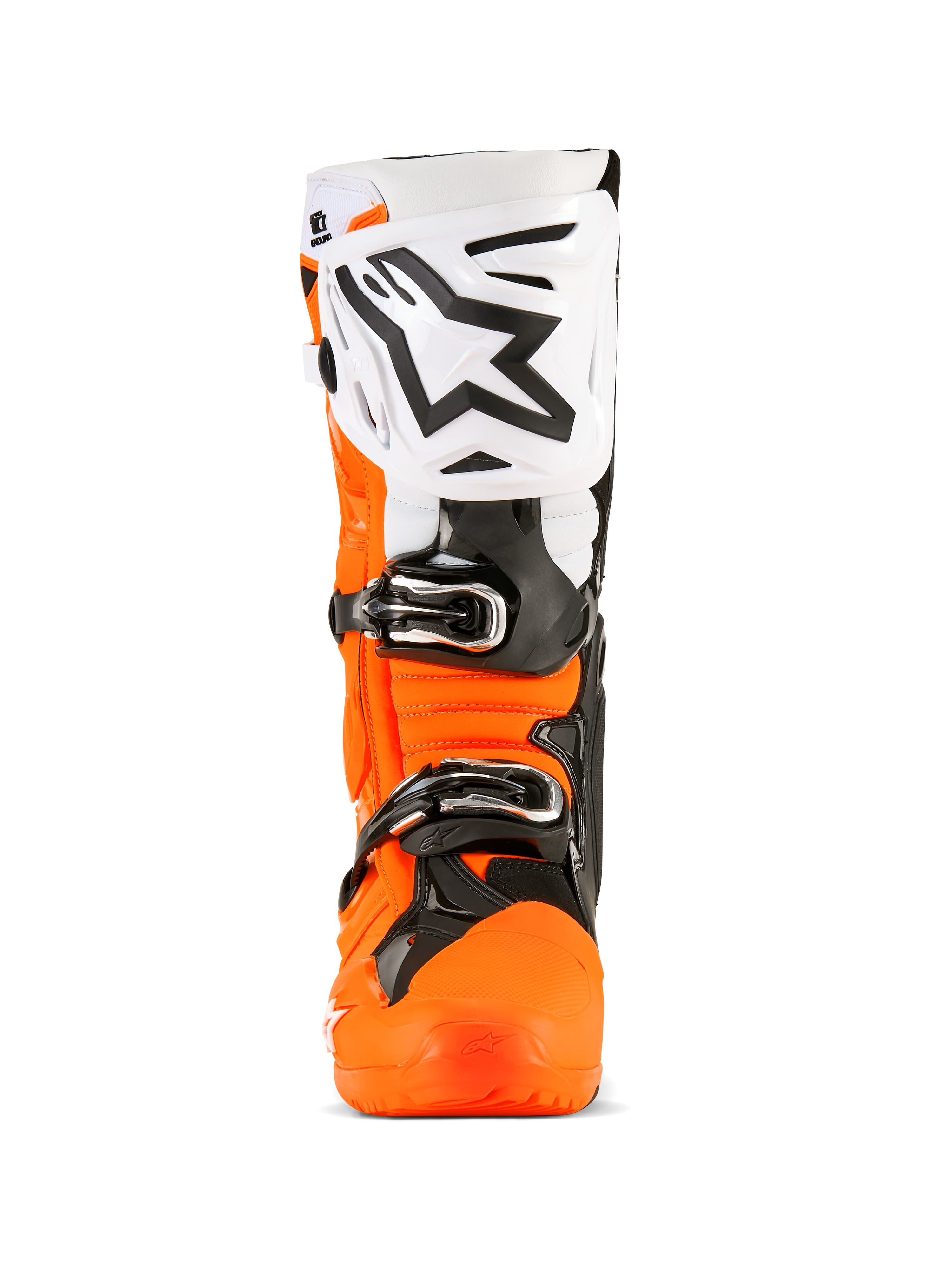 Botas Alpinestars Tech 10 Enduro, botas de motocross, naranja flúor, negro y blanco, vista frontal con una placa de espinilla blanca grande con el logotipo de Alpinestars en negro, hebillas negras y carcasa protectora naranja resistente