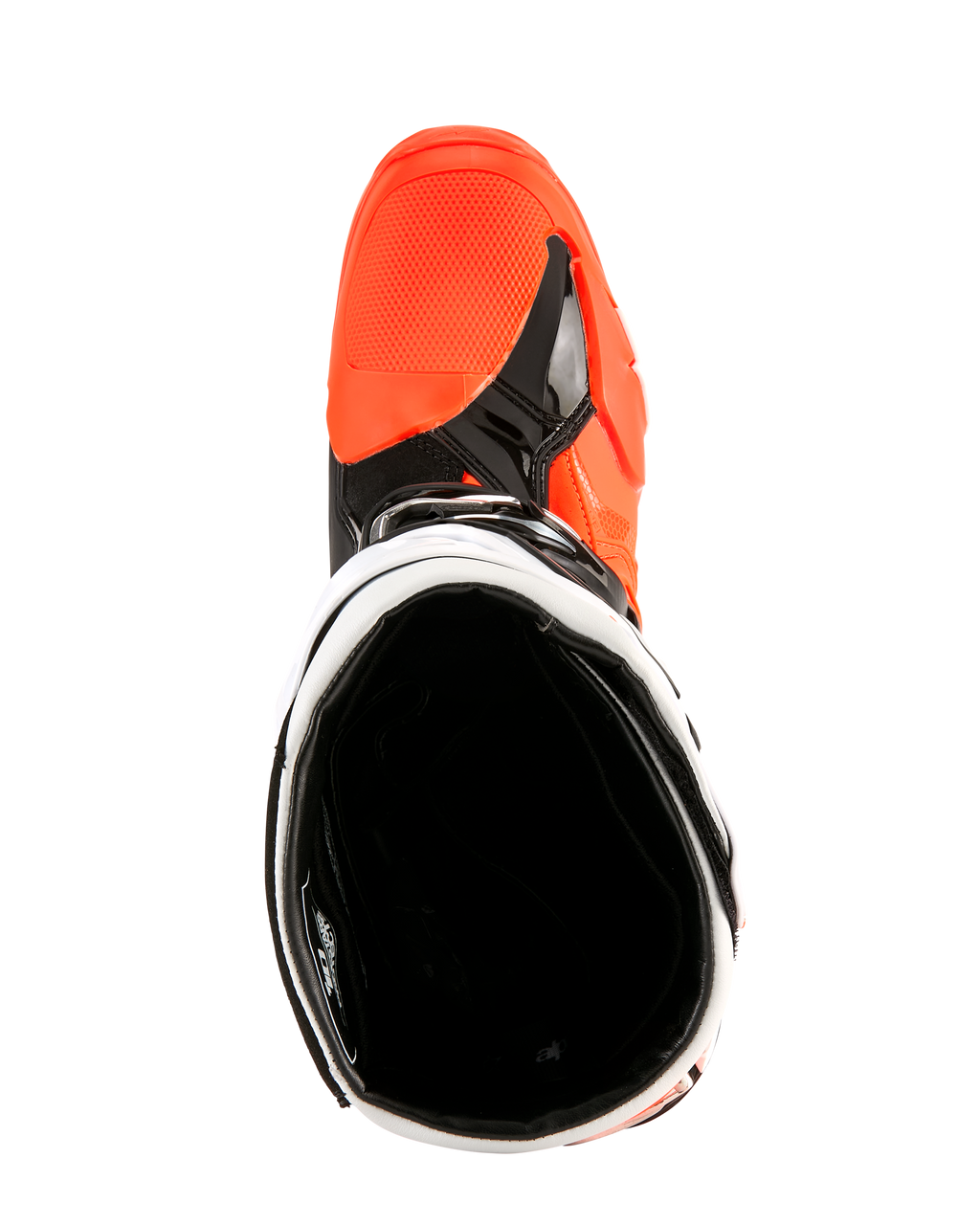 Botas Alpinestars Tech 10 Enduro, naranja flúor, negro y blanco, vista superior hacia la apertura de la bota, mostrando el forro interior negro y la puntera naranja brillante, calzado profesional de motociclismo off-road