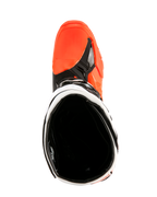 Botas Alpinestars Tech 10 Enduro, naranja flúor, negro y blanco, vista superior hacia la apertura de la bota, mostrando el forro interior negro y la puntera naranja brillante, calzado profesional de motociclismo off-road