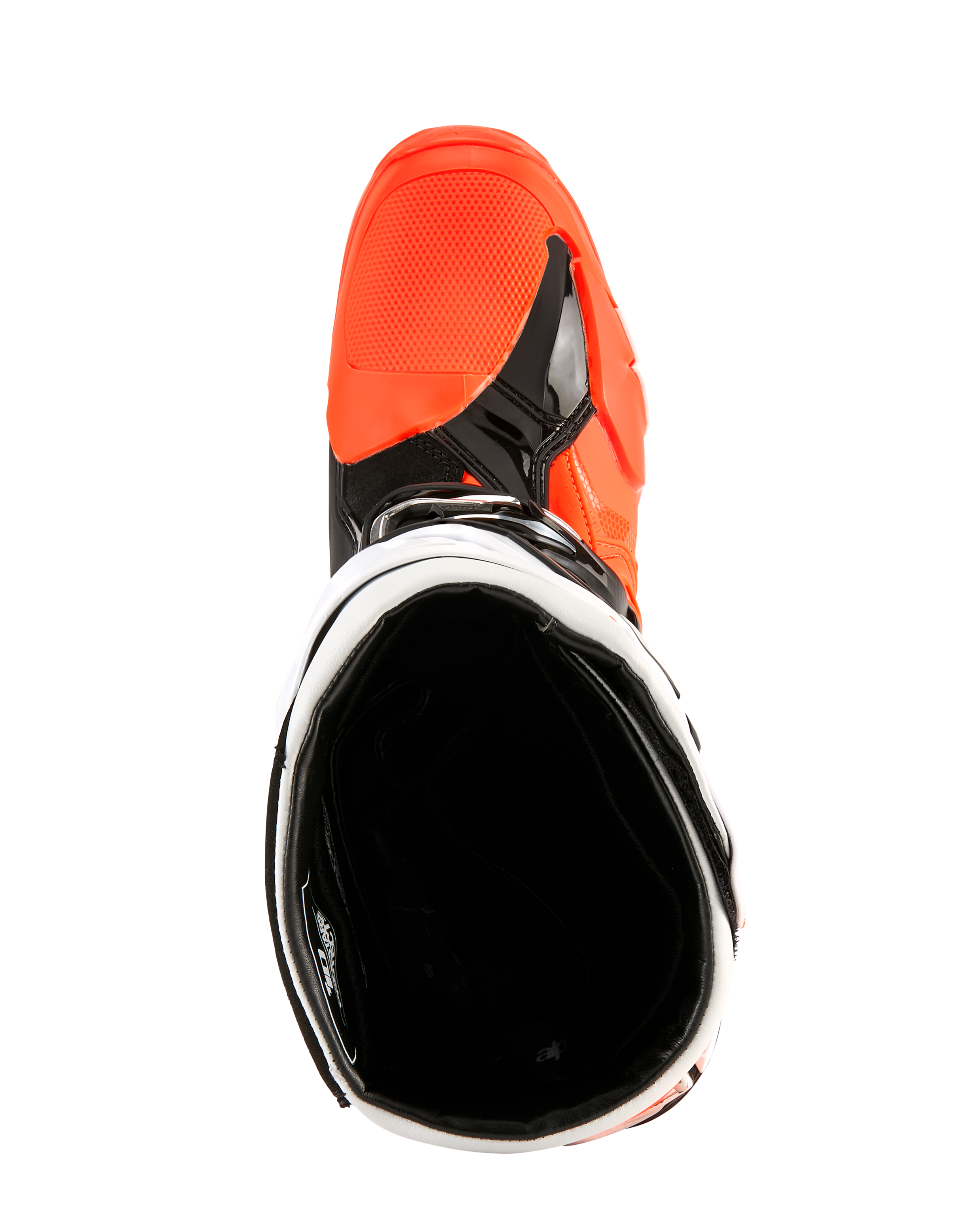 Botas Alpinestars Tech 10 Enduro, naranja flúor, negro y blanco, vista superior hacia la apertura de la bota, mostrando el forro interior negro y la puntera naranja brillante, calzado profesional de motociclismo off-road