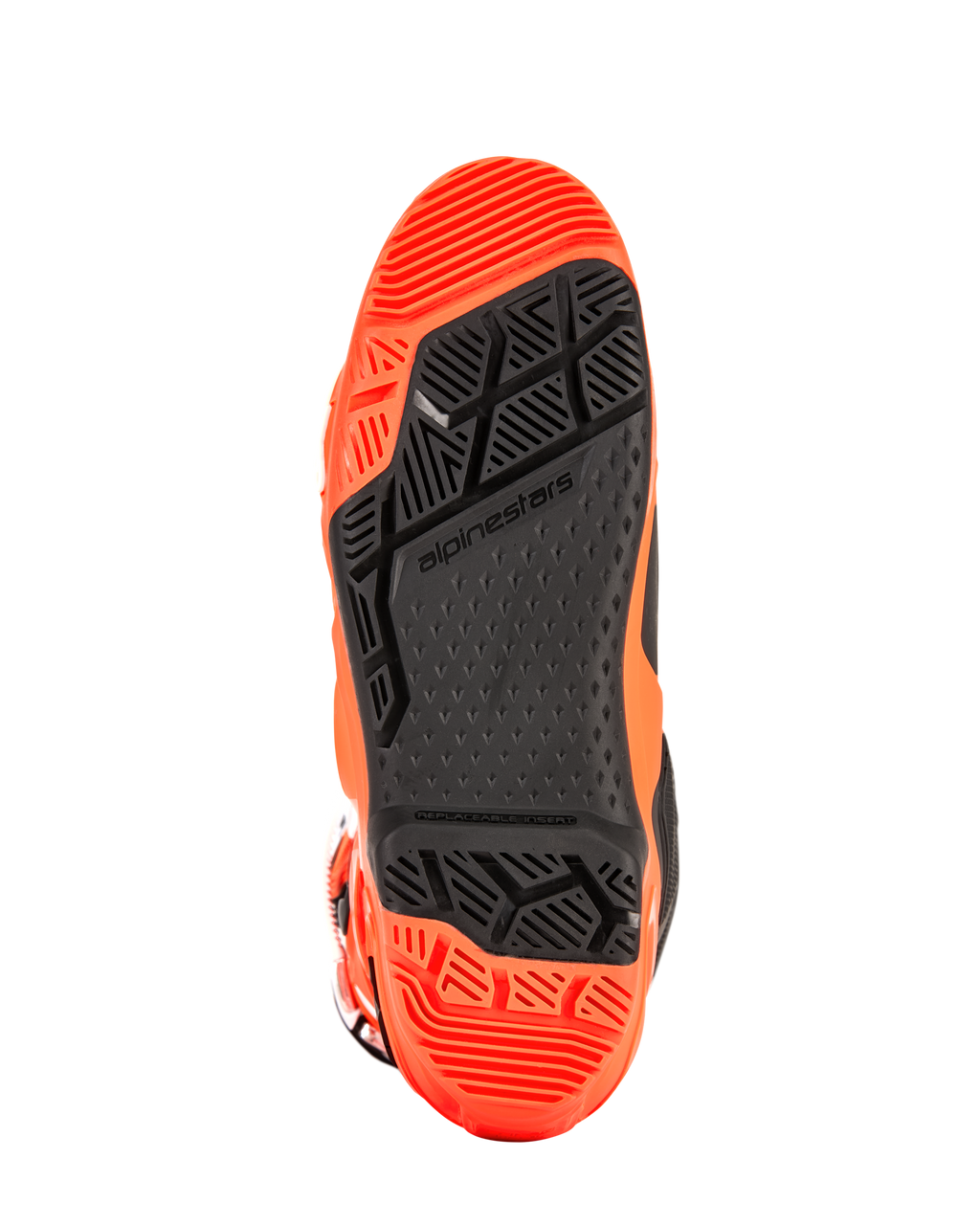 Botas Alpinestars Tech 10 Enduro, vista detallada de la suela, naranja flúor y negro, con una suela de doble compuesto especializada con patrones geométricos de gran agarre y un inserto de estribera reemplazable para el rendimiento off-road.
