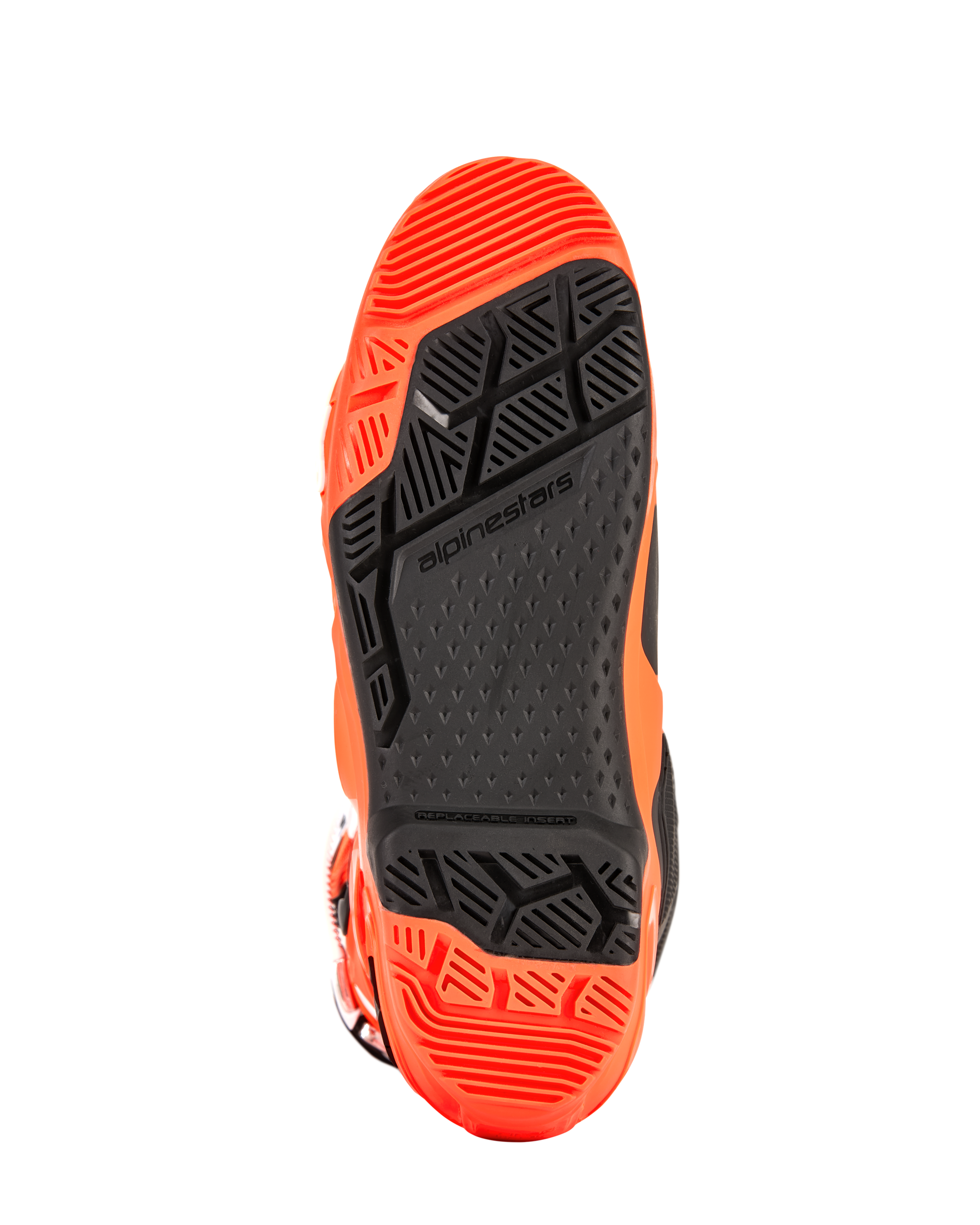 Botas Alpinestars Tech 10 Enduro, vista detallada de la suela, naranja flúor y negro, con una suela de doble compuesto especializada con patrones geométricos de gran agarre y un inserto de estribera reemplazable para el rendimiento off-road.