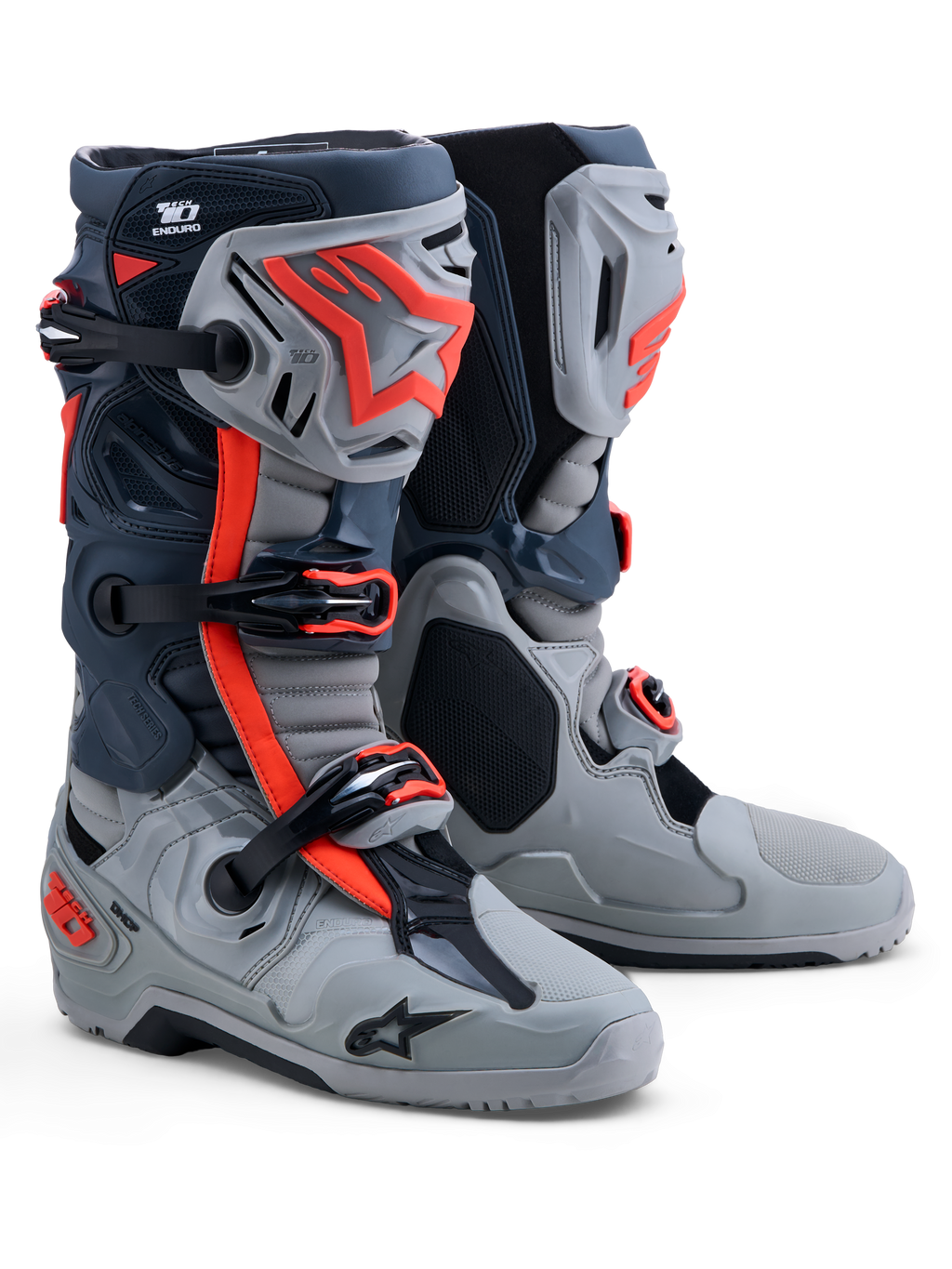 Alpinestars Tech-10 Enduro, botas de moto para enduro y todoterreno, para hombre, color gris y rojo fluo, con protección de TPU de alto rendimiento y suela específica, certificadas CE