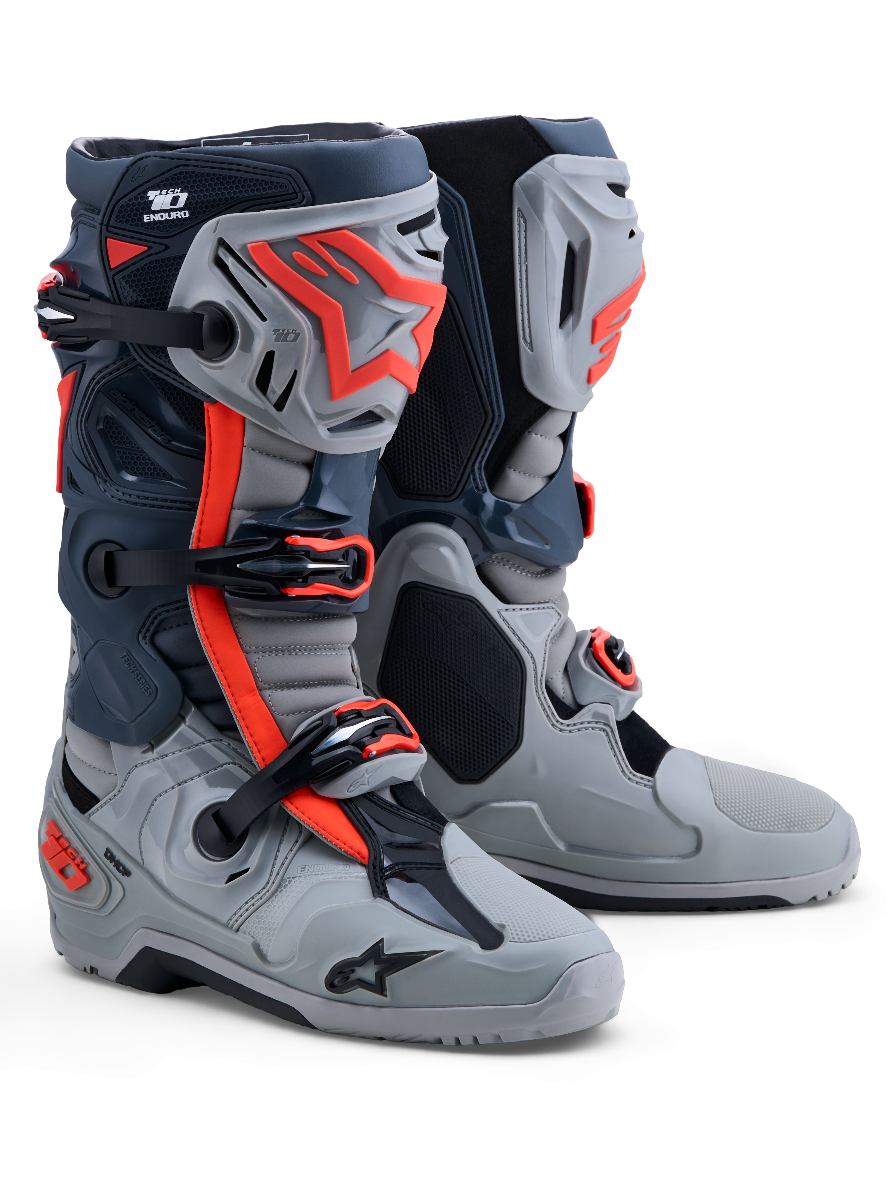 Alpinestars Tech-10 Enduro, botas de moto para enduro y todoterreno, para hombre, color gris y rojo fluo, con protección de TPU de alto rendimiento y suela específica, certificadas CE