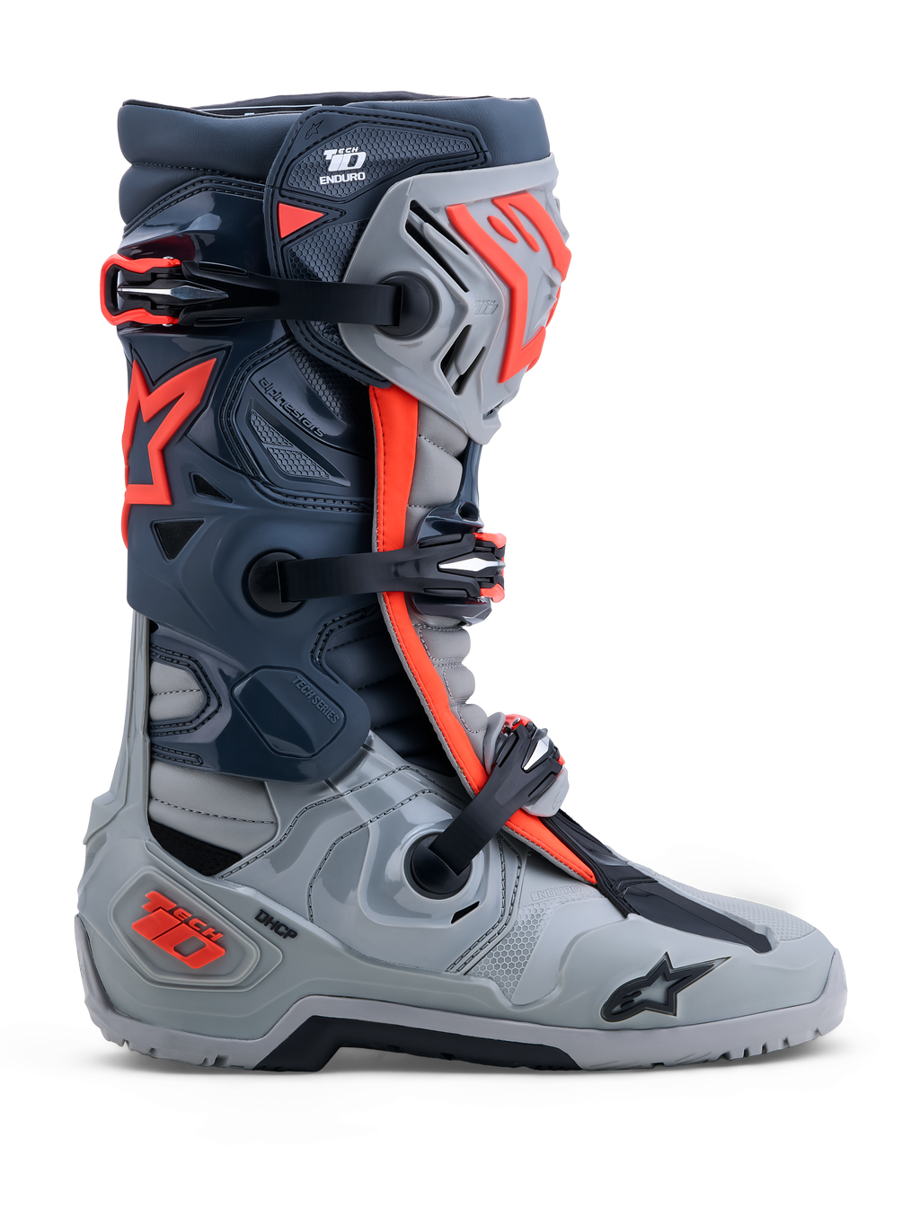 Alpinestars Tech-10 Enduro, botas de moto off-road, grises y rojo flúor, con protección DCHP y paneles de TPU