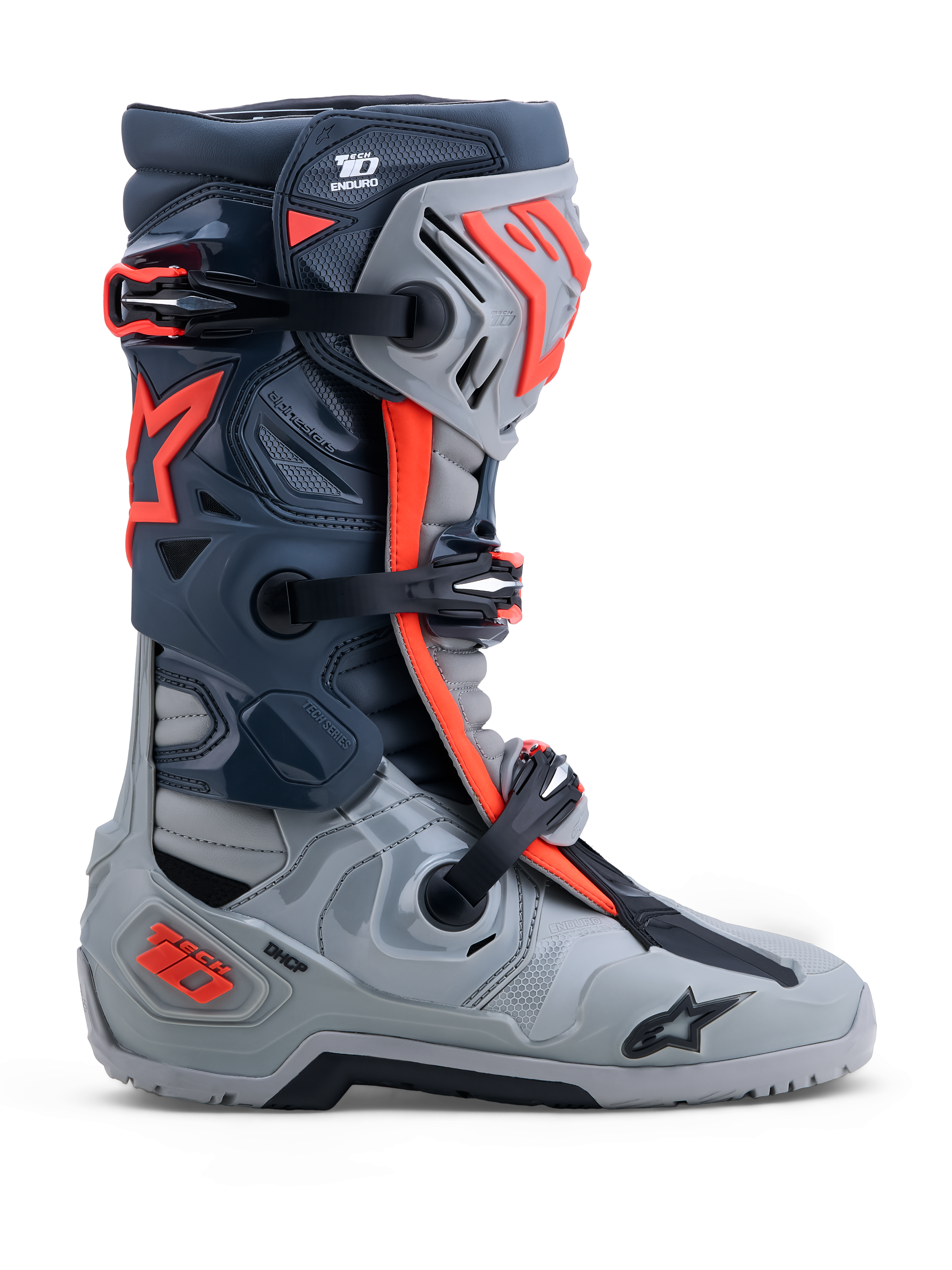 Alpinestars Tech-10 Enduro, botas de moto off-road, grises y rojo flúor, con protección DCHP y paneles de TPU